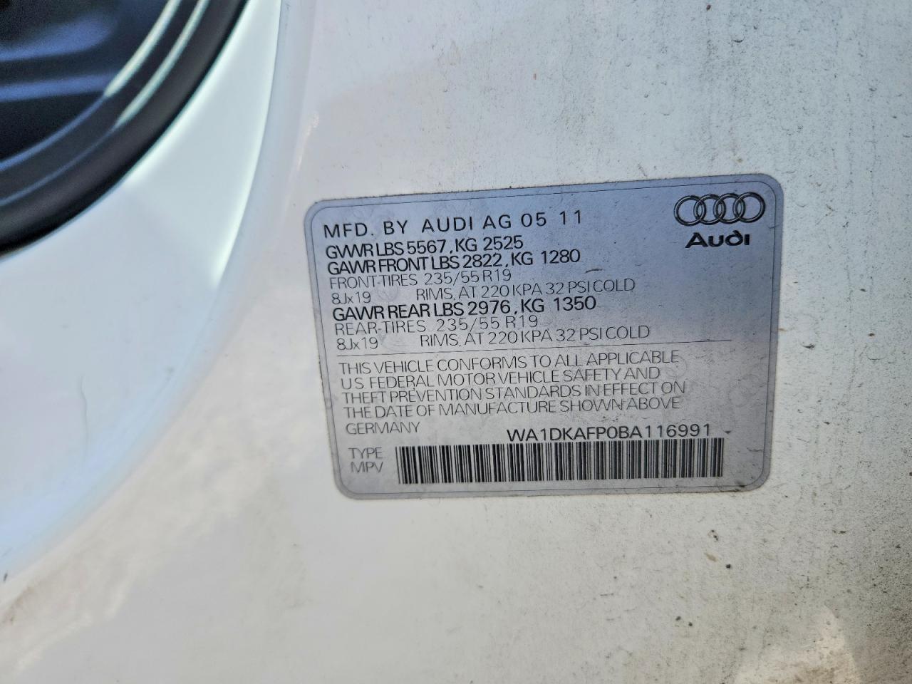 2011 Audi Q5 Premium Plus White vin: WA1DKAFP0BA116991