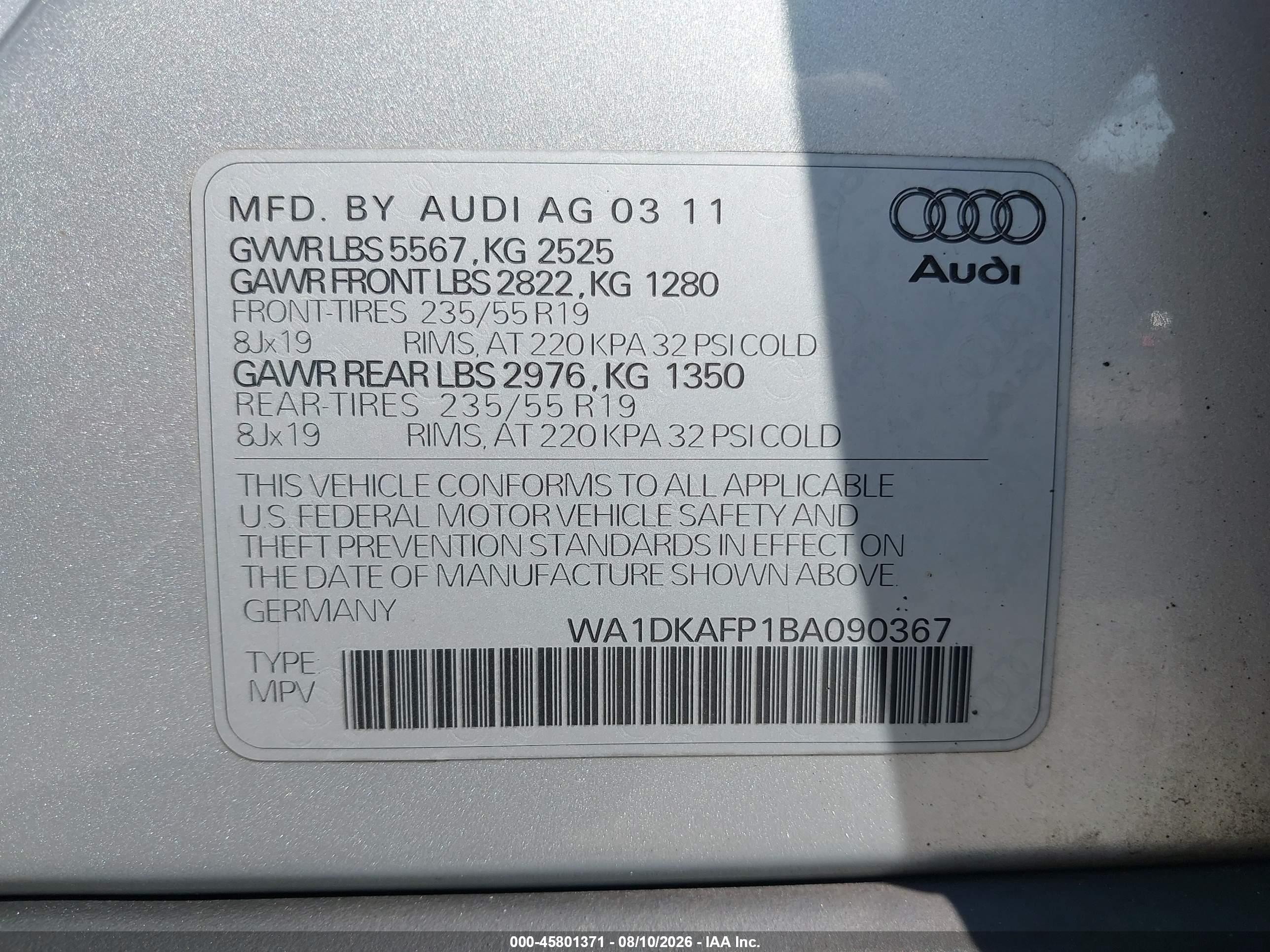 2011 Audi Q5 3.2 Premium Plus Silver vin: WA1DKAFP1BA090367