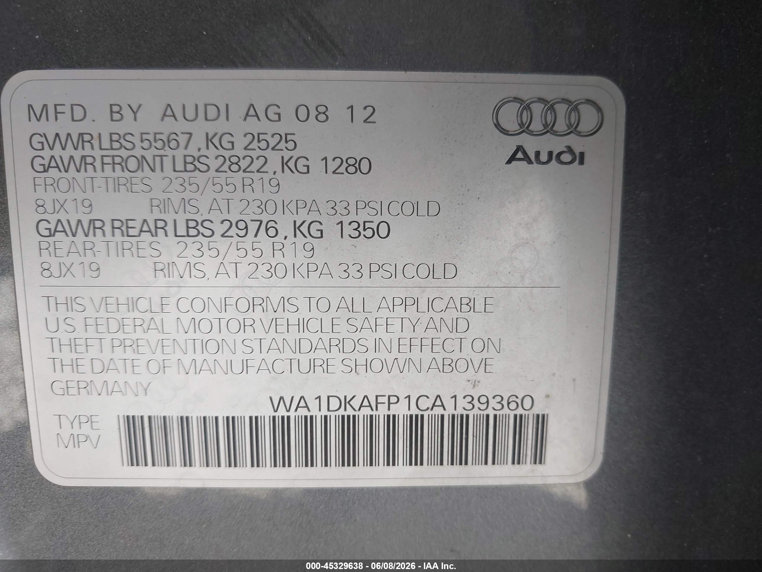 2012 Audi Q5 3.2 Premium Plus Pewter vin: WA1DKAFP1CA139360