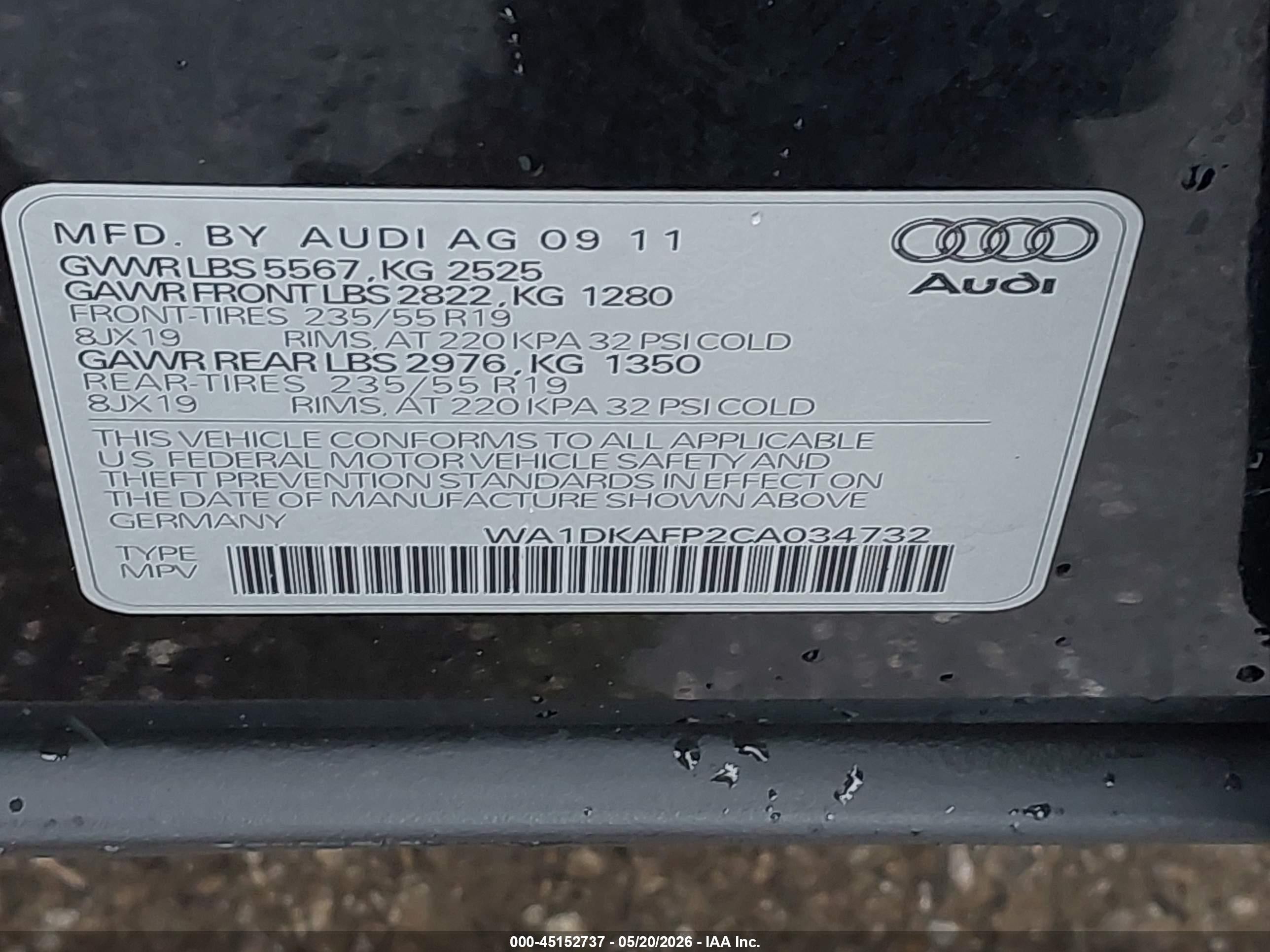 2012 Audi Q5 3.2 Premium Plus Black vin: WA1DKAFP2CA034732