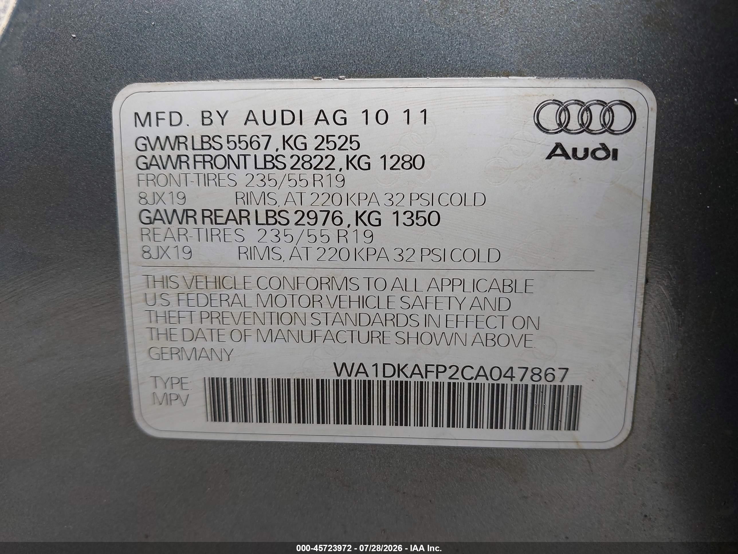 2012 Audi Q5 3.2 Premium Plus Gray vin: WA1DKAFP2CA047867