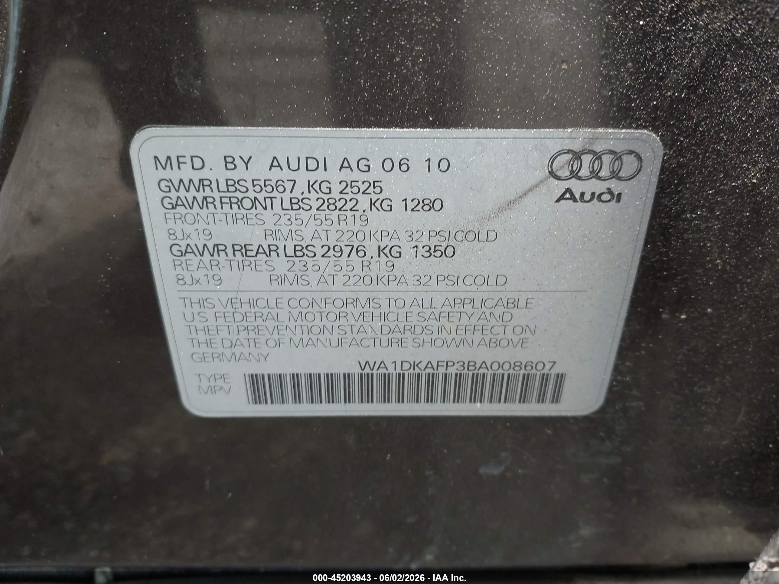 2011 Audi Q5 3.2 Premium Plus Black vin: WA1DKAFP3BA008607