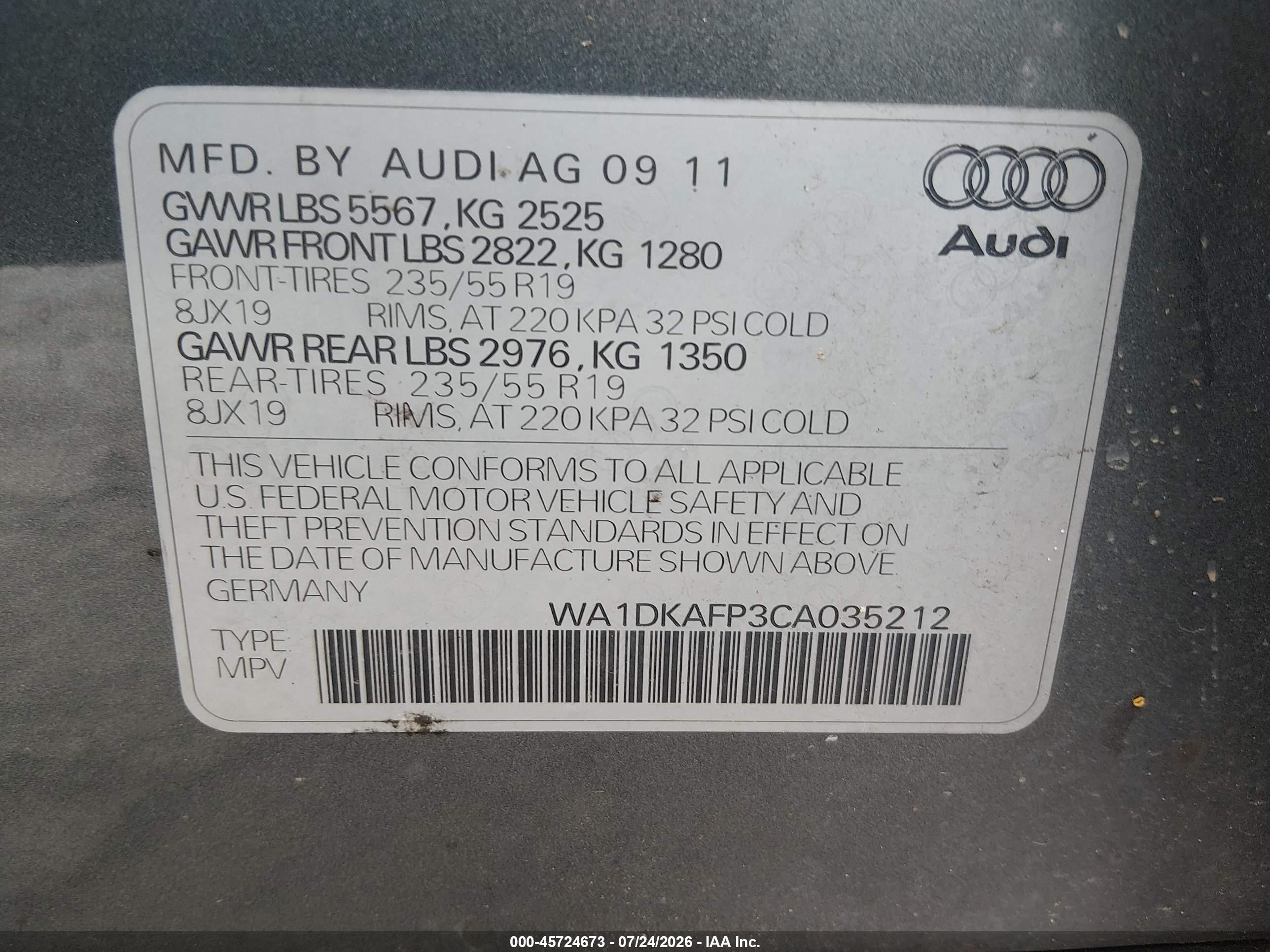 2012 Audi Q5 3.2 Premium Plus Gray vin: WA1DKAFP3CA035212