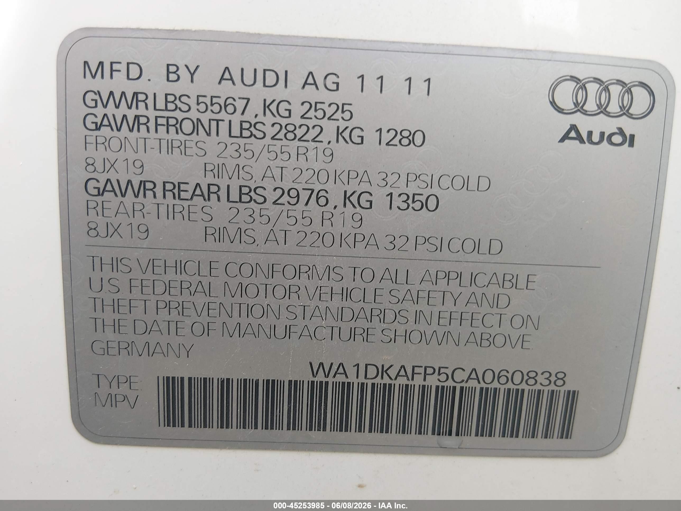 2012 Audi Q5 3.2 Premium Plus White vin: WA1DKAFP5CA060838