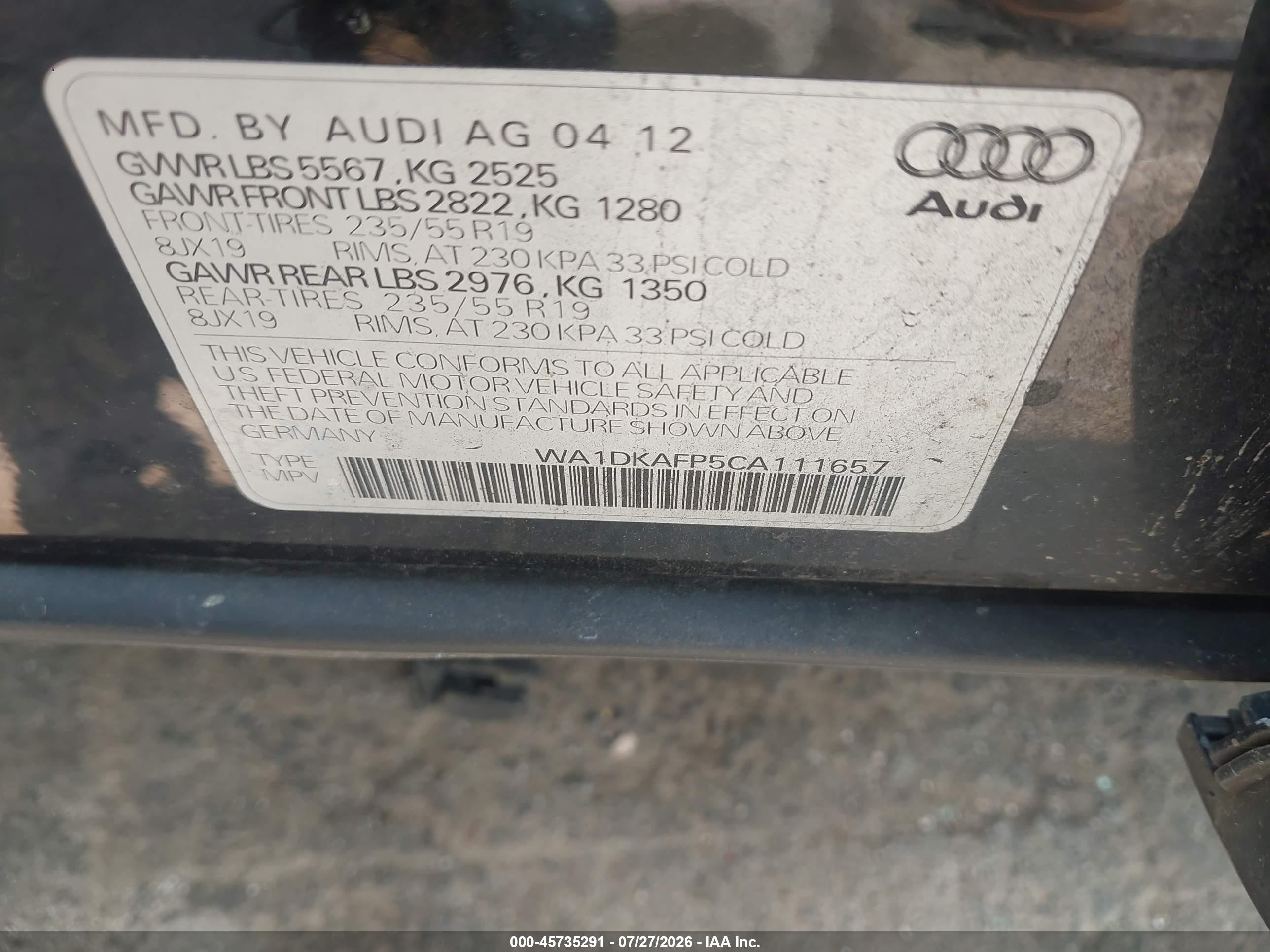 2012 Audi Q5 3.2 Premium Plus Black vin: WA1DKAFP5CA111657