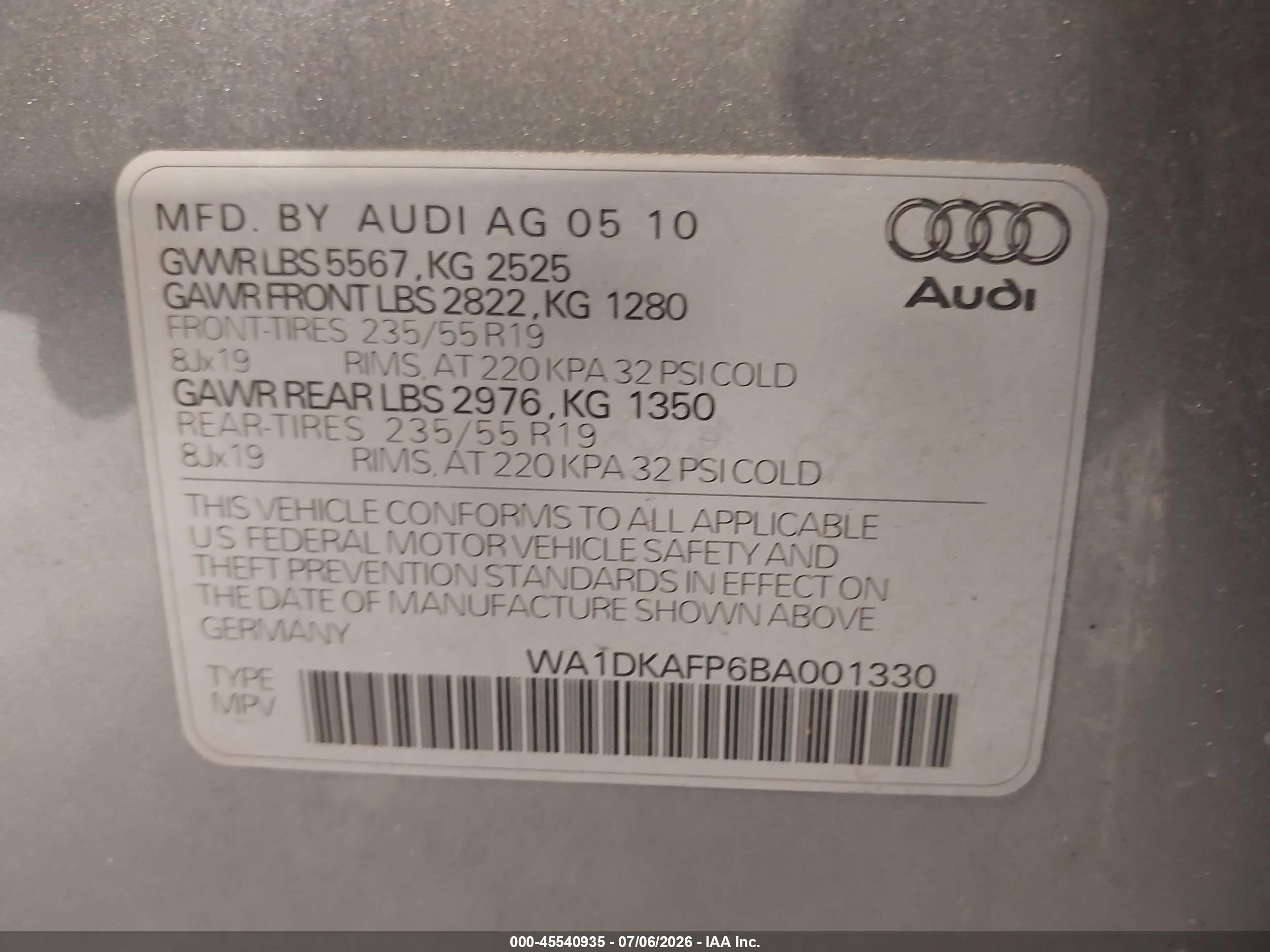2011 Audi Q5 3.2 Premium Plus Silver vin: WA1DKAFP6BA001330