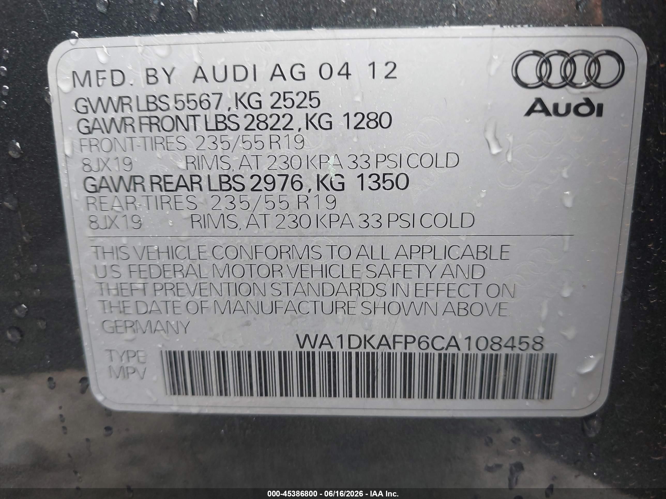 2012 Audi Q5 3.2 Premium Plus Gray vin: WA1DKAFP6CA108458