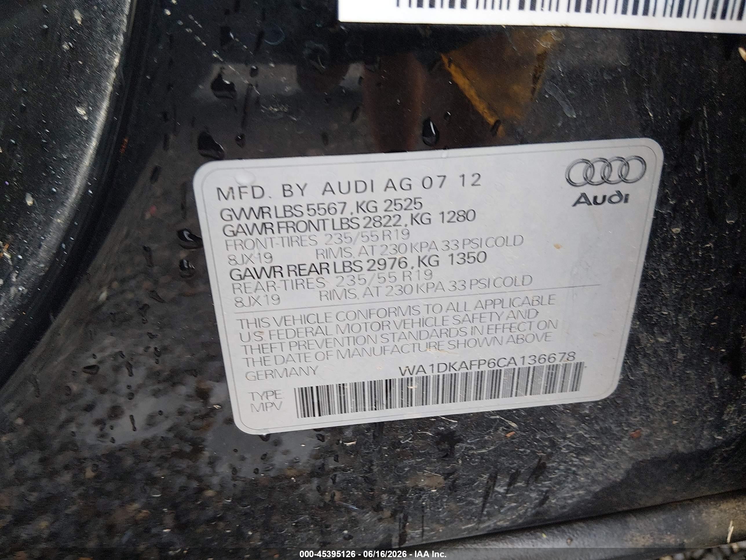 2012 Audi Q5 3.2 Premium Plus Black vin: WA1DKAFP6CA136678