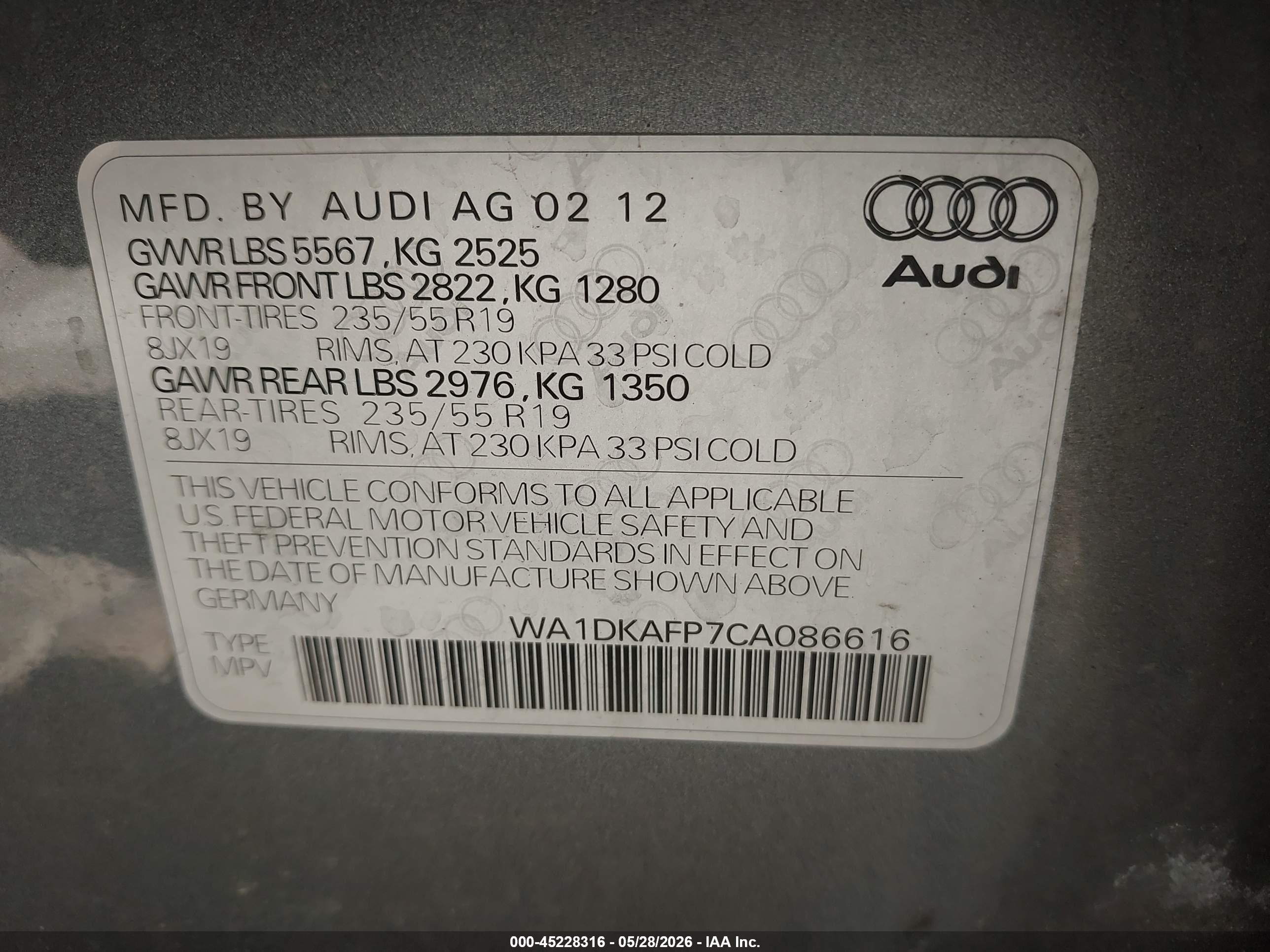 2012 Audi Q5 3.2 Premium Plus Gray vin: WA1DKAFP7CA086616