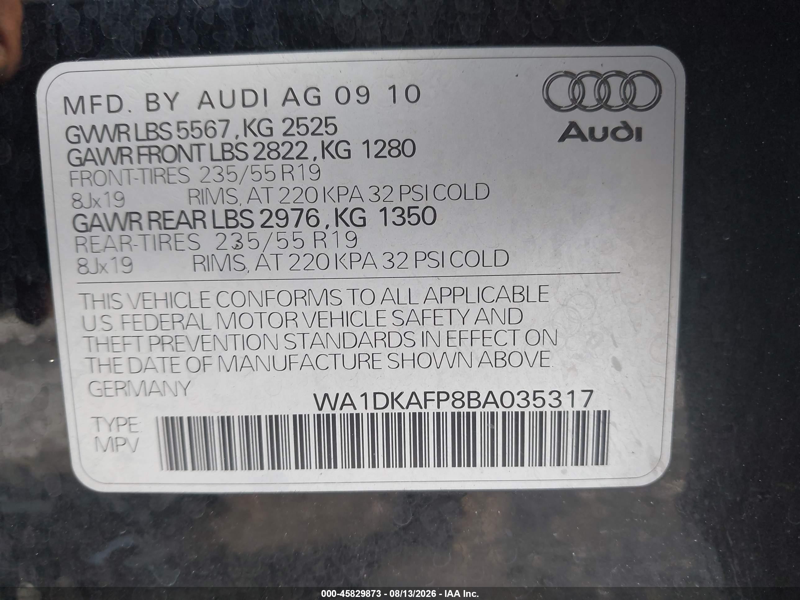 2011 Audi Q5 3.2 Premium Plus Черный vin: WA1DKAFP8BA035317