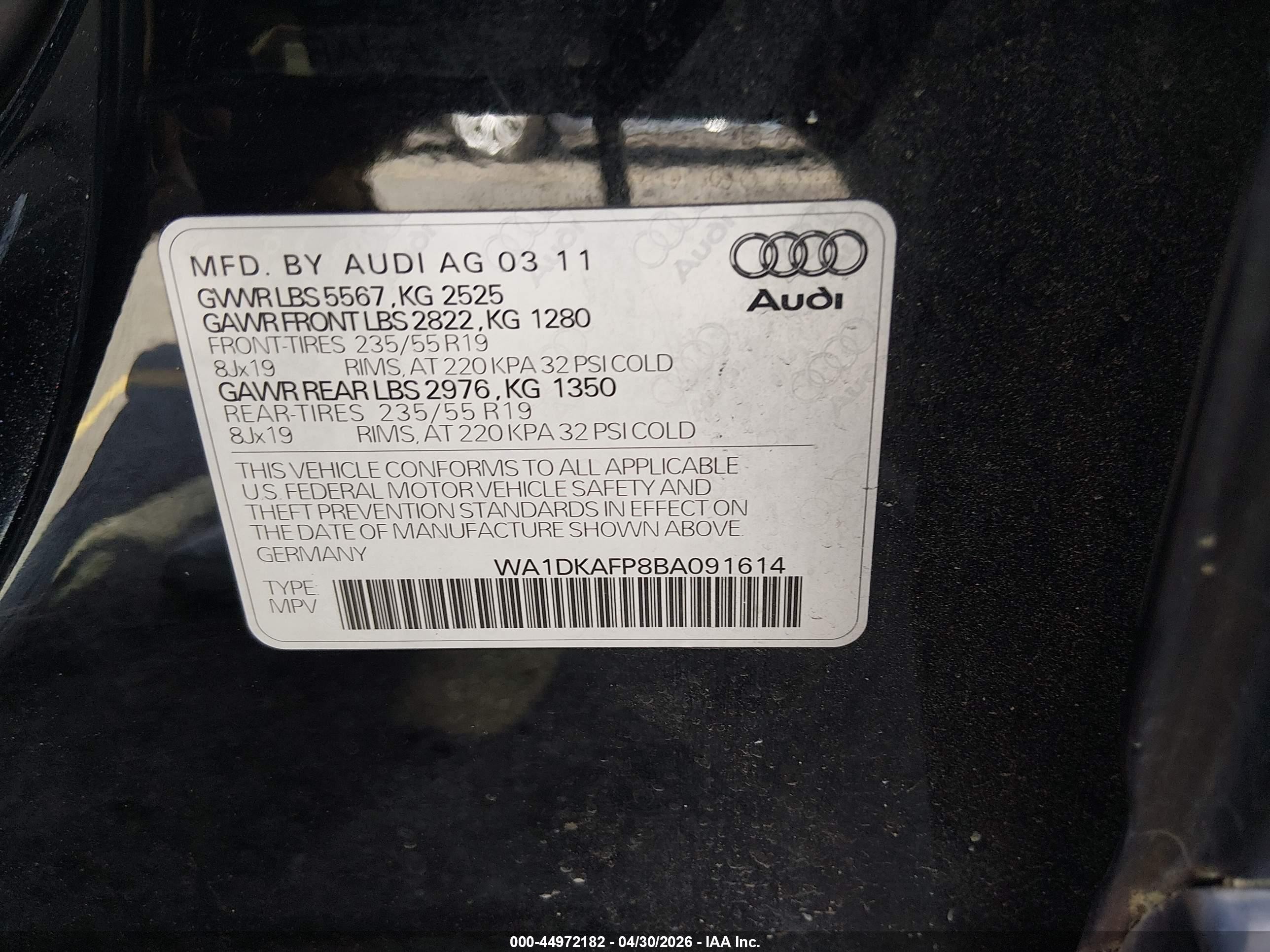 2011 Audi Q5 3.2 Premium Plus Black vin: WA1DKAFP8BA091614