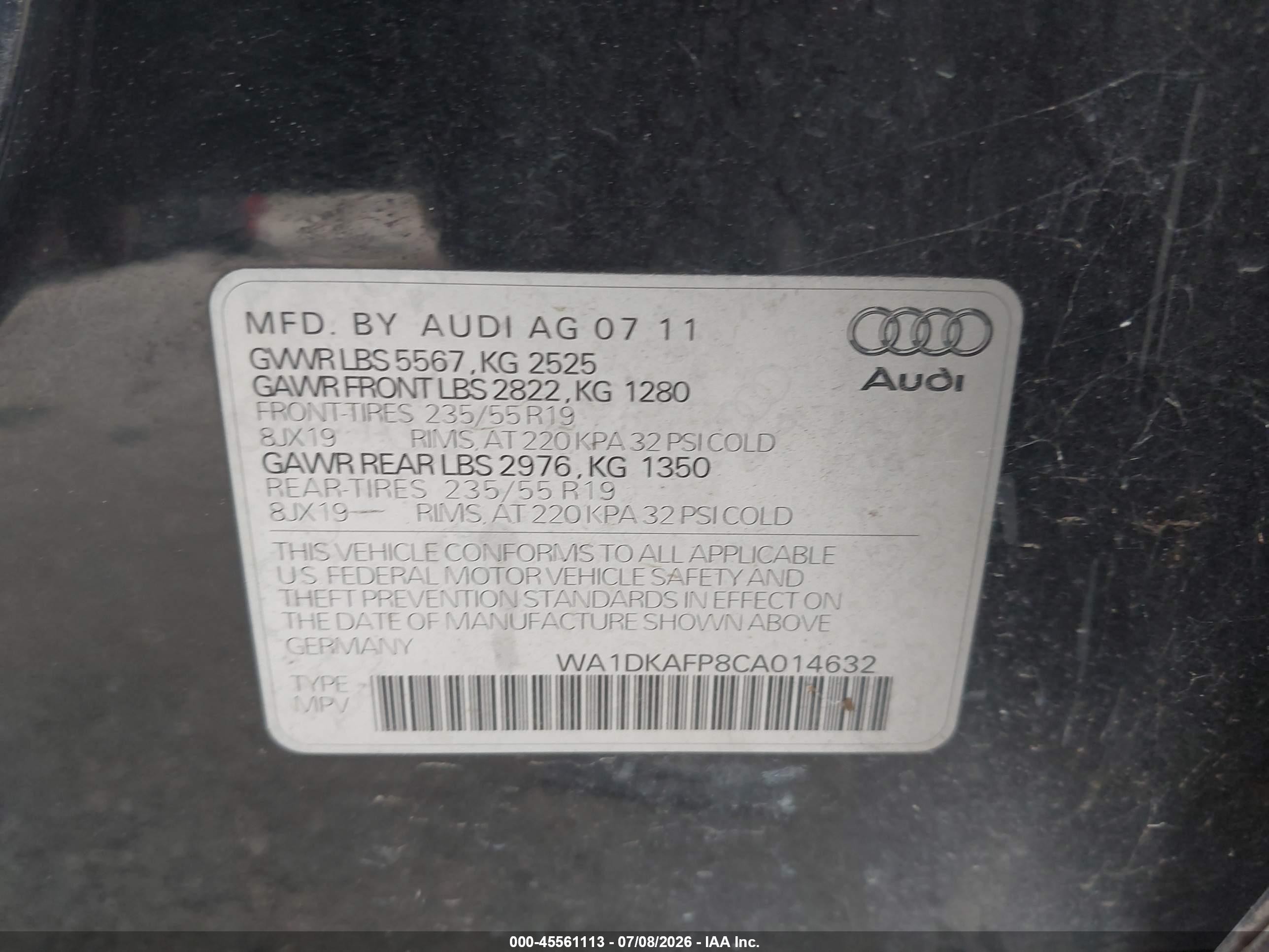 2012 Audi Q5 3.2 Premium Plus Black vin: WA1DKAFP8CA014632