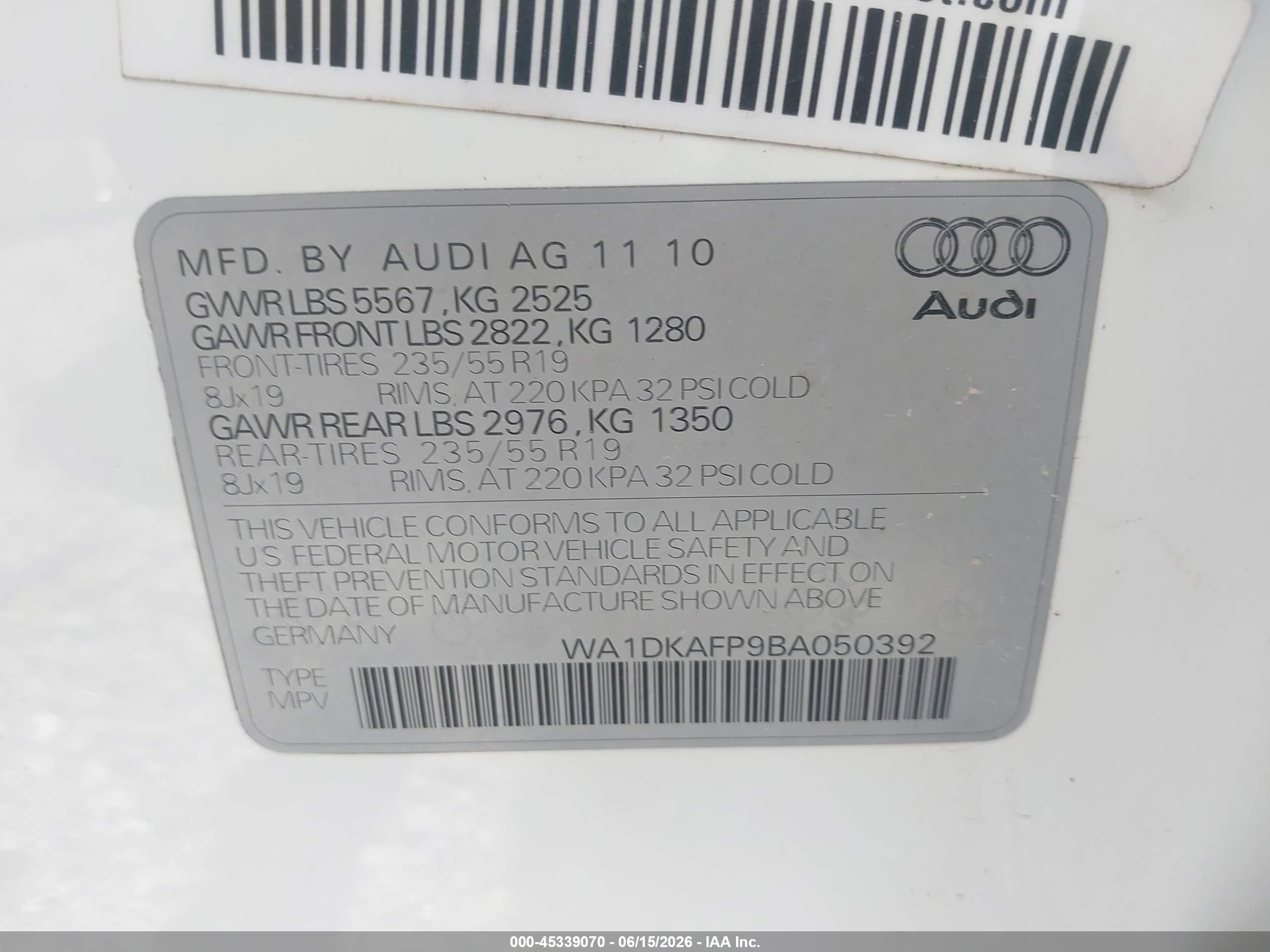2011 Audi Q5 3.2 Premium Plus White vin: WA1DKAFP9BA050392
