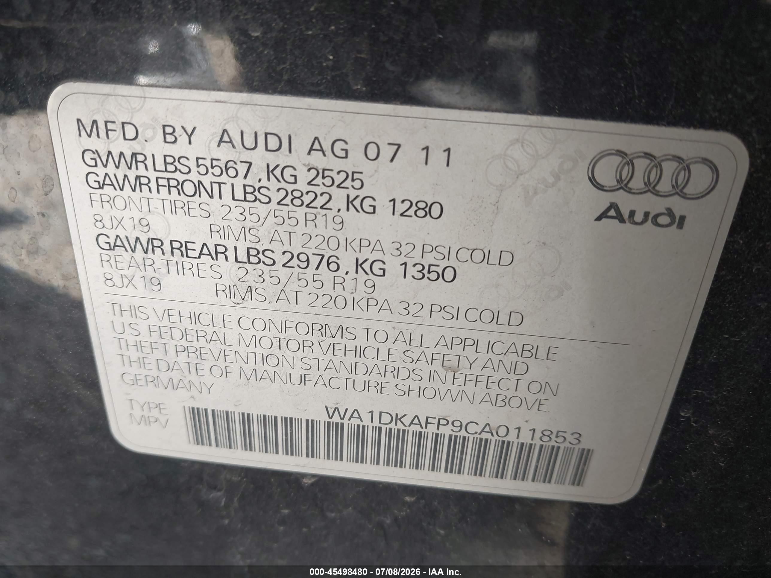 2012 Audi Q5 3.2 Premium Plus Black vin: WA1DKAFP9CA011853