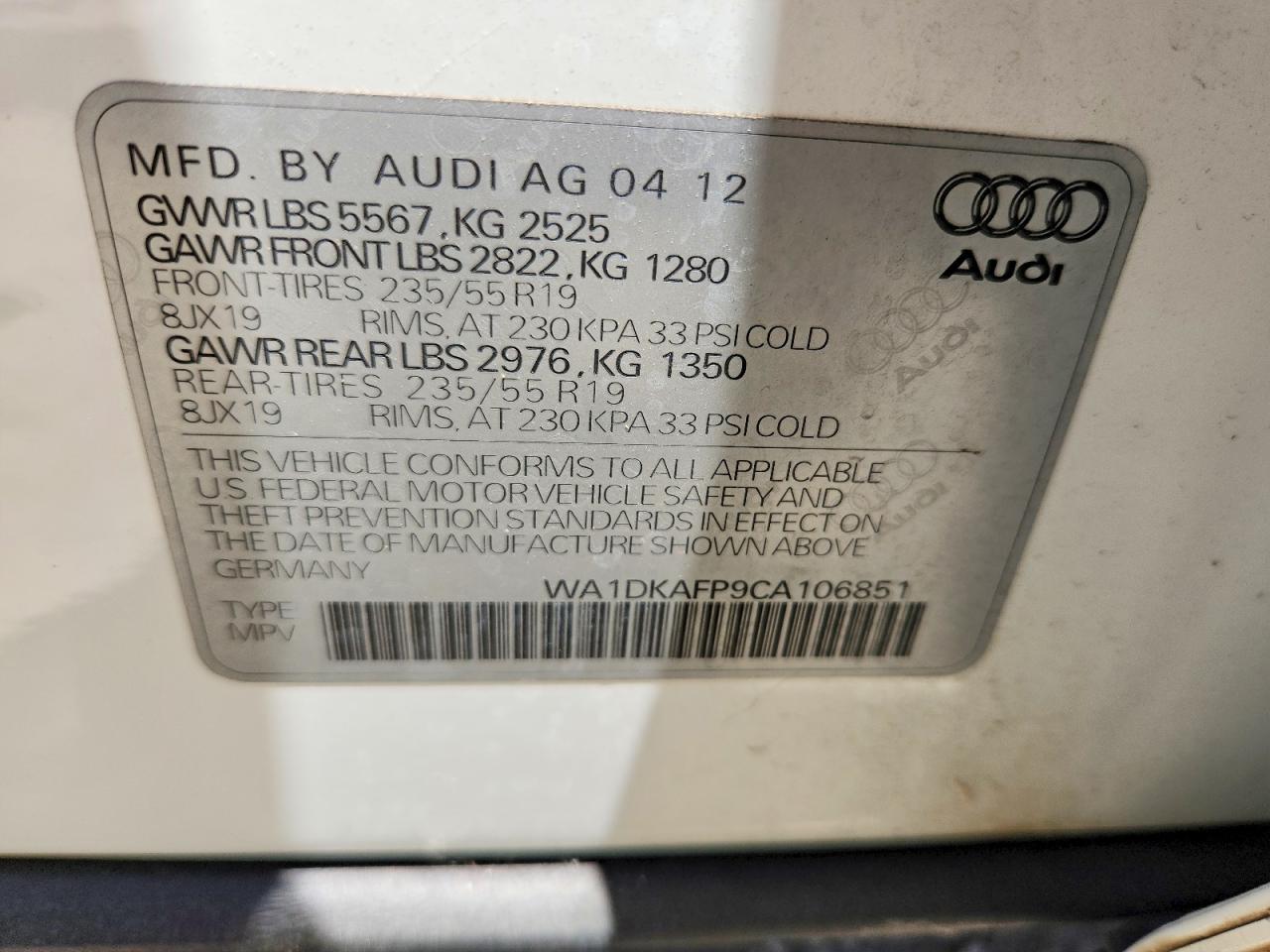 2012 Audi Q5 Premium Plus White vin: WA1DKAFP9CA106851