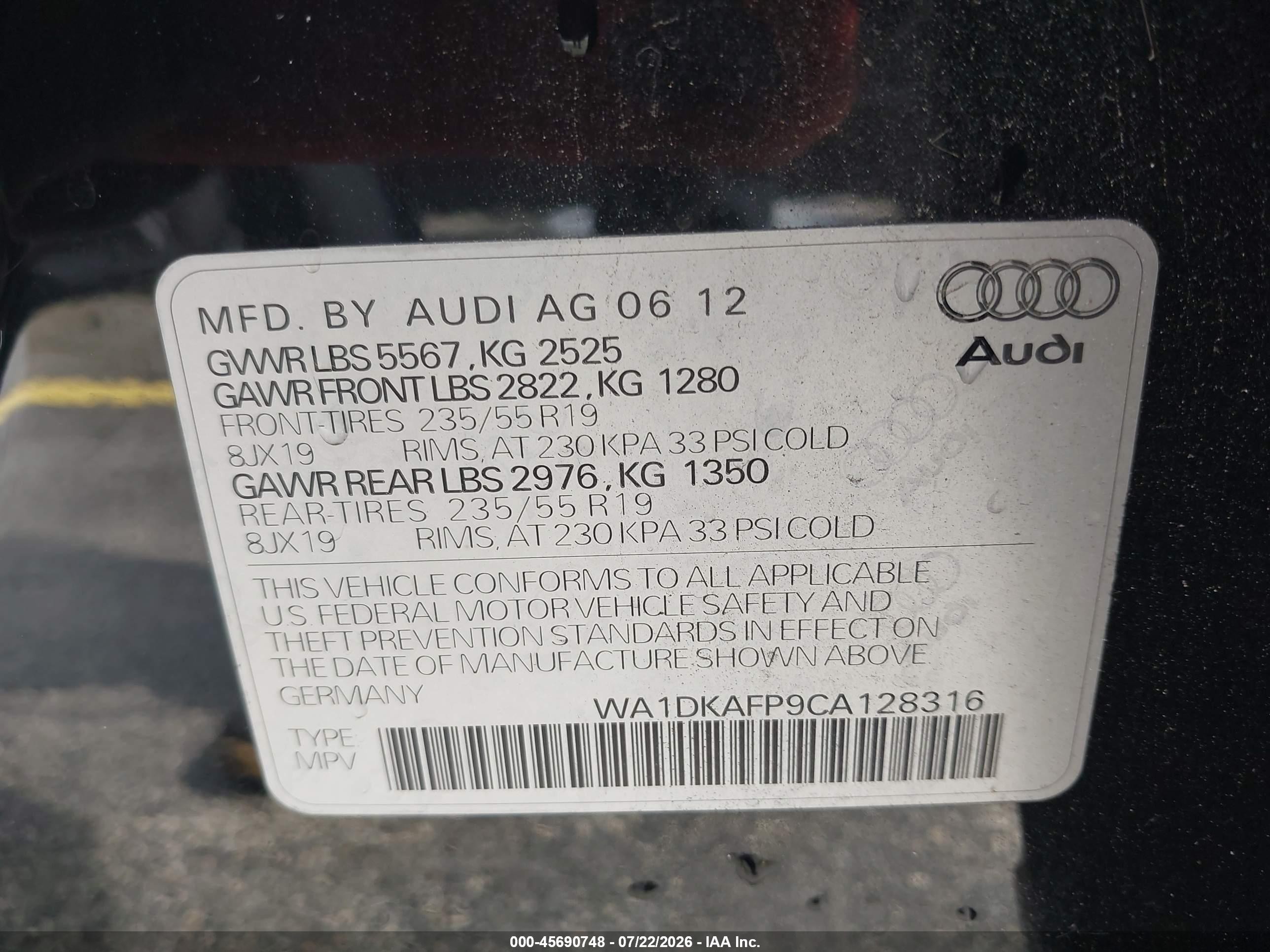 2012 Audi Q5 3.2 Premium Plus Black vin: WA1DKAFP9CA128316