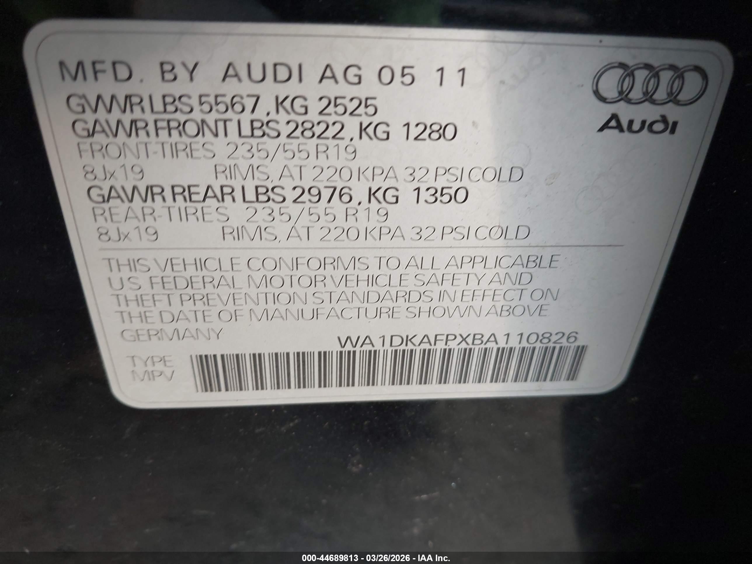 2011 Audi Q5 3.2 Premium Plus Black vin: WA1DKAFPXBA110826