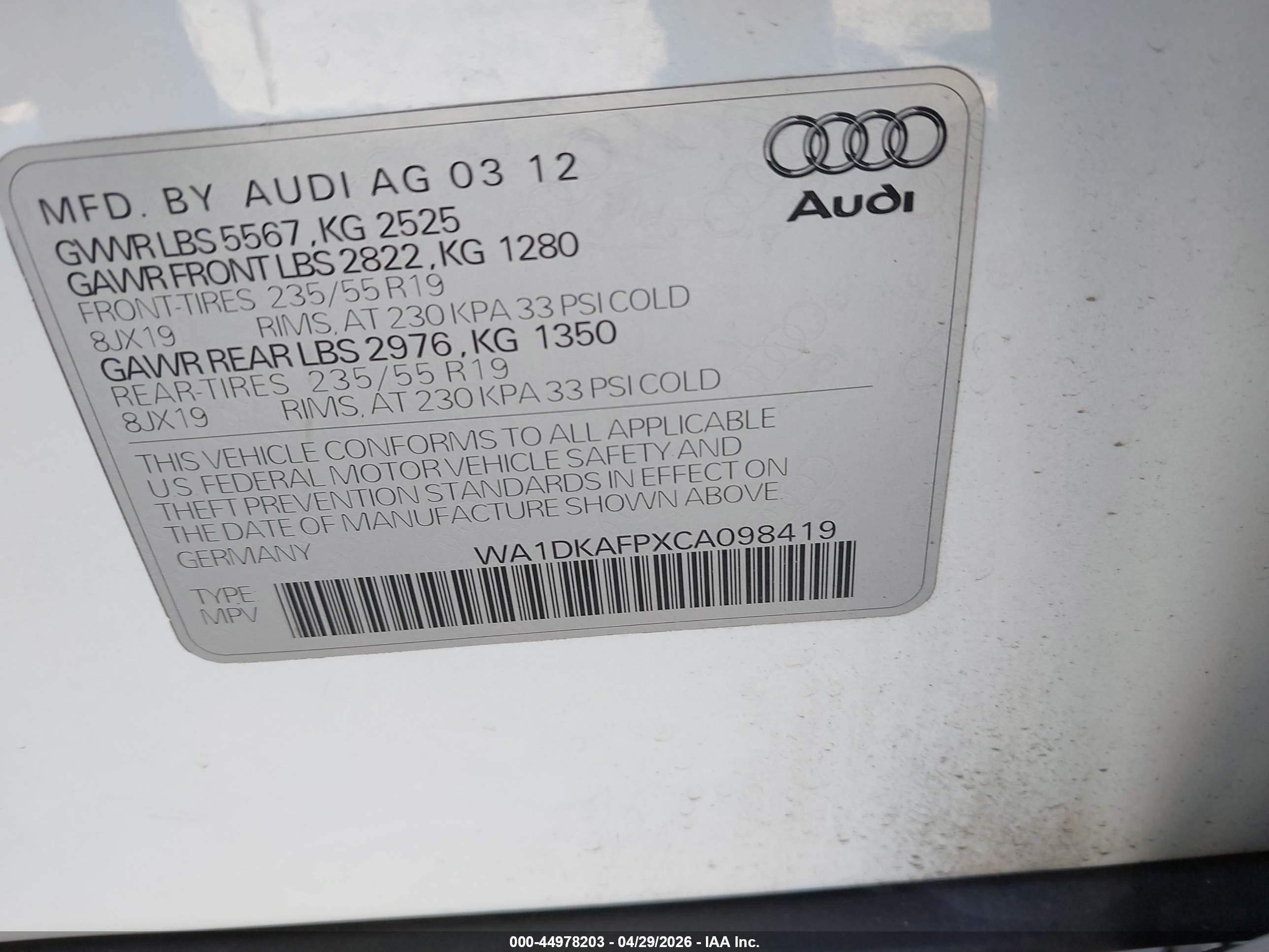 2012 Audi Q5 3.2 Premium Plus Белый vin: WA1DKAFPXCA098419