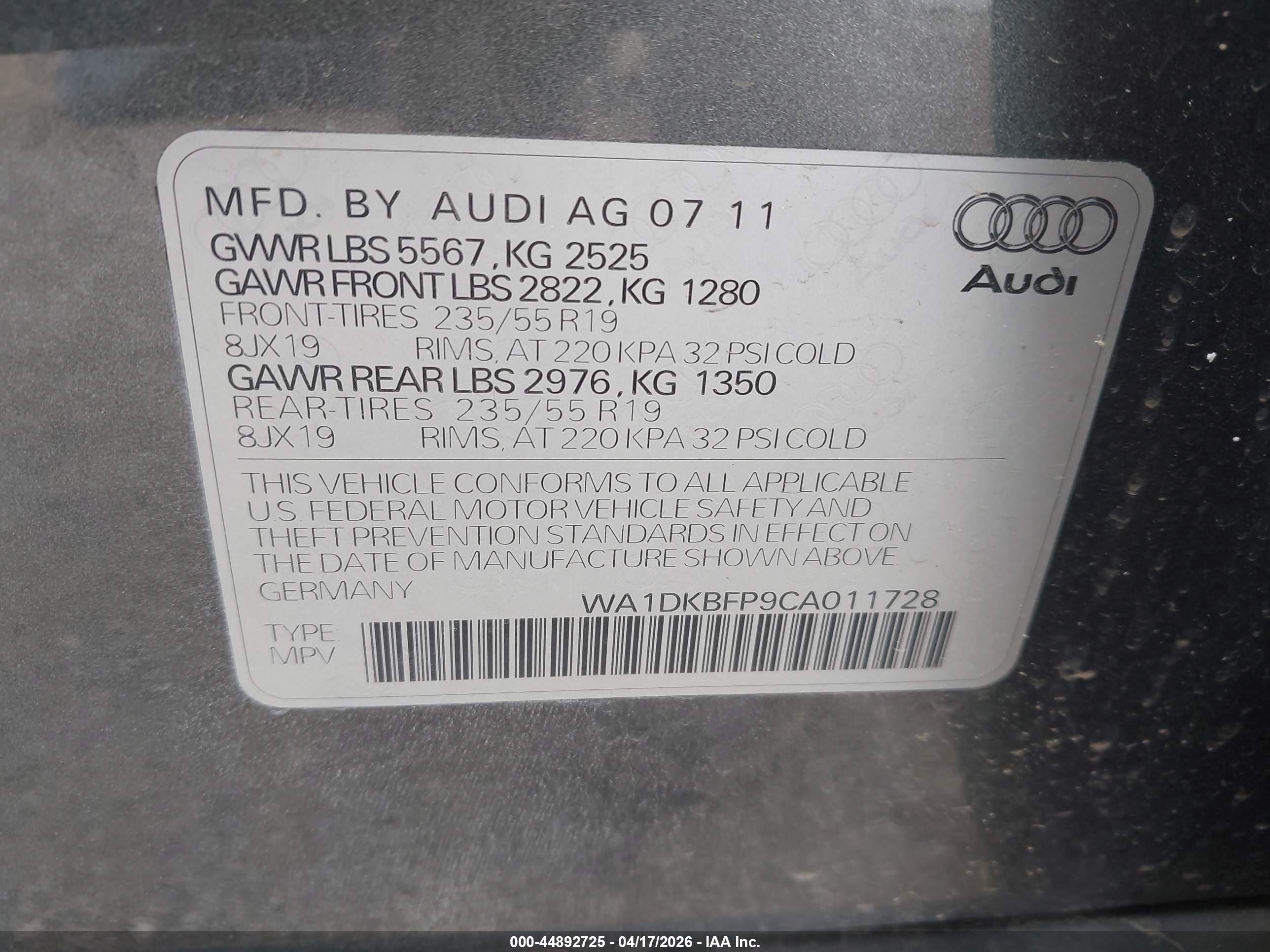 2012 Audi Q5 3.2 Premium Plus Gray vin: WA1DKBFP9CA011728