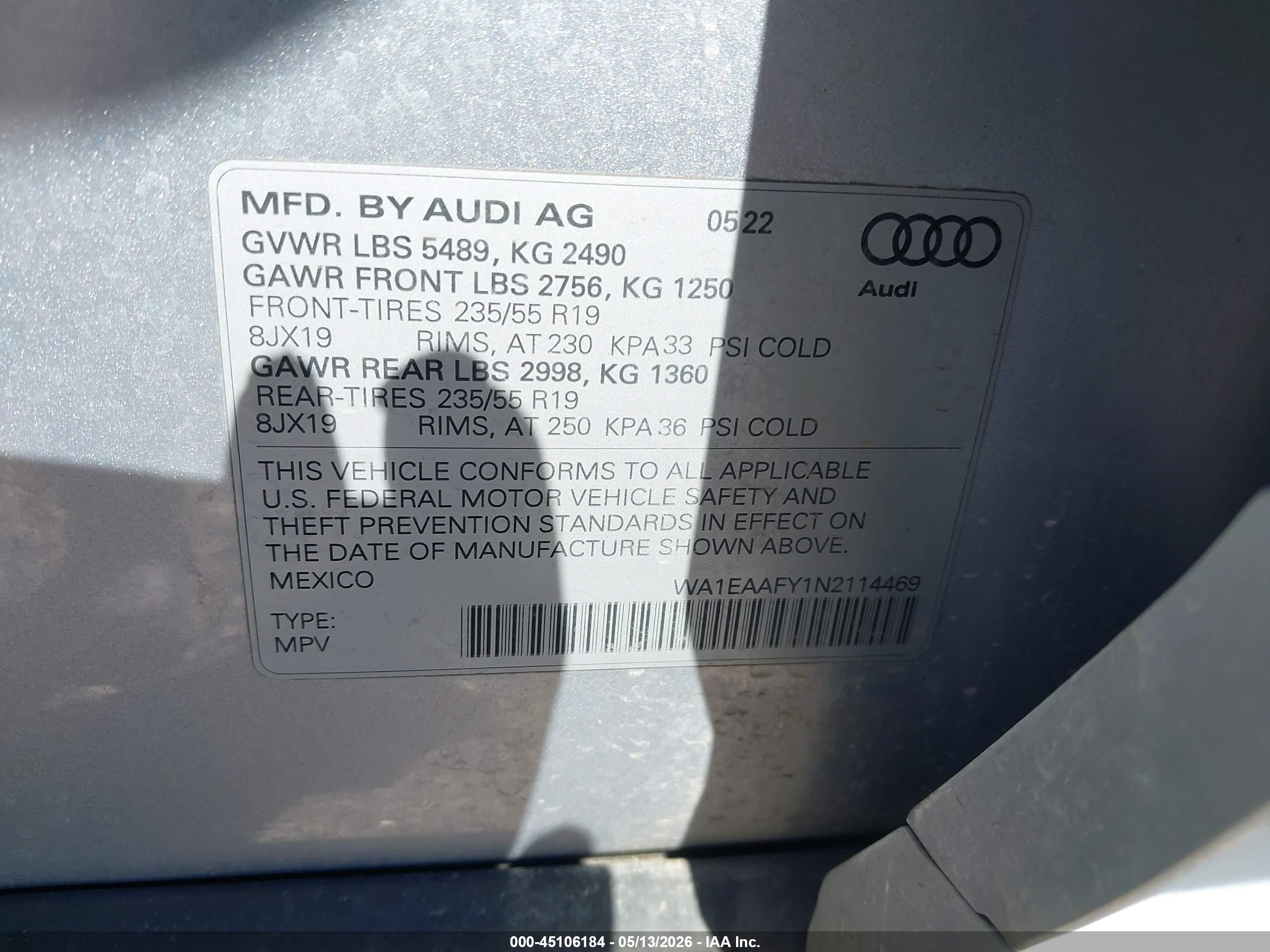 2022 Audi Q5 Premium Plus 45 Tfsi S Line Quattro S Tronic Серебряный vin: WA1EAAFY1N2114469