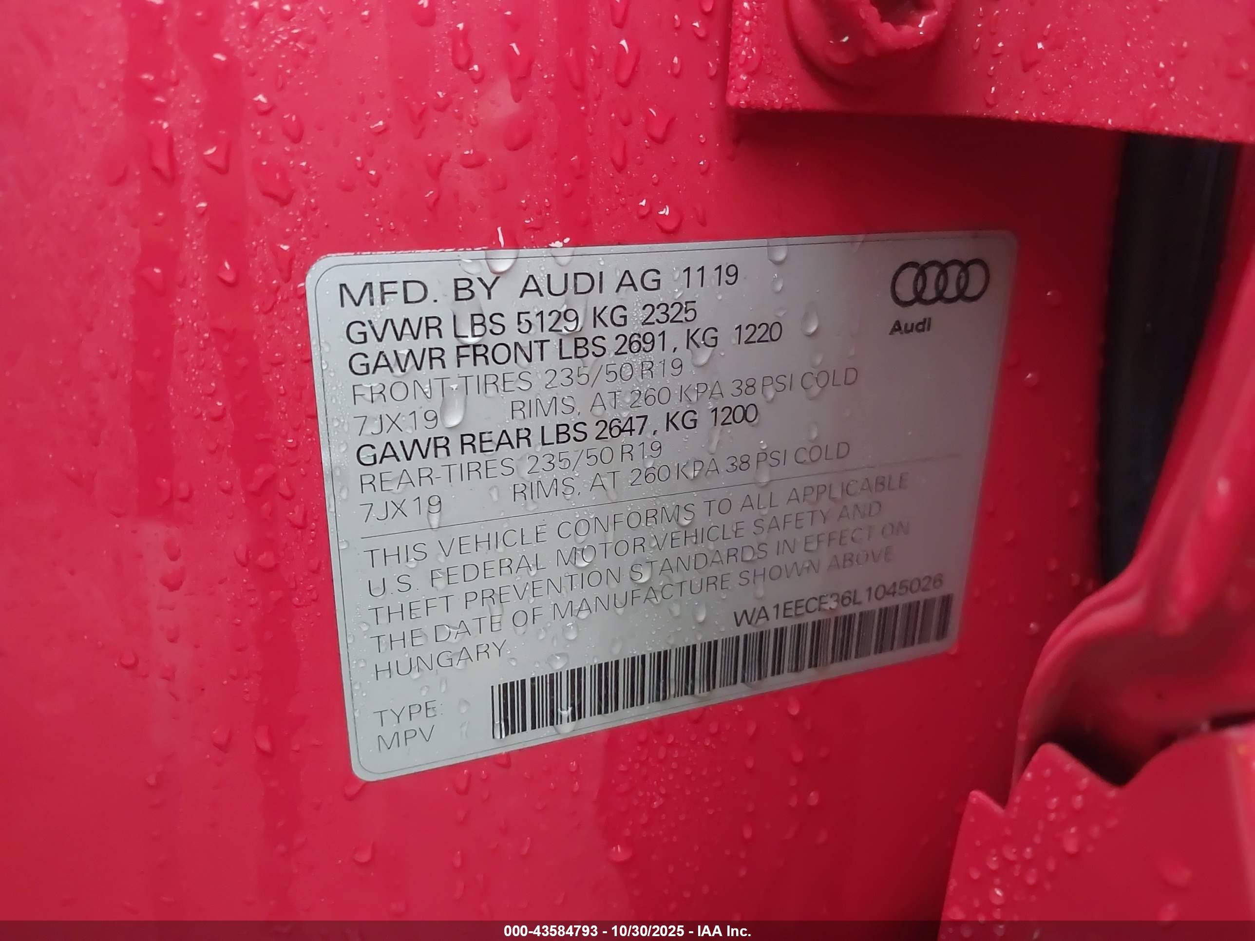 2020 Audi Q3 Premium Plus 45 Tfsi S Line Quattro Tiptronic Red vin: WA1EECF36L1045026