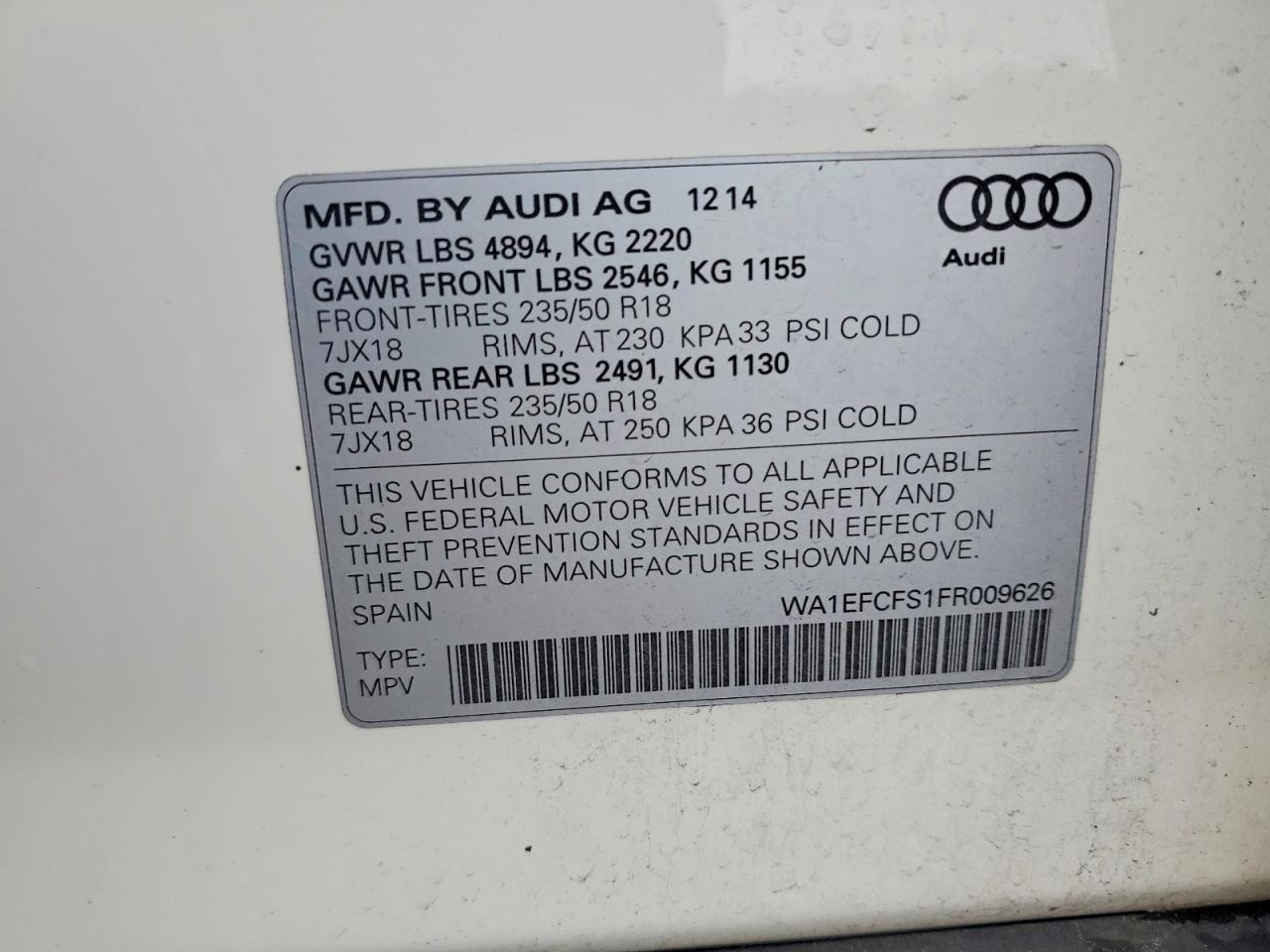2015 Audi Q3 Белый vin: WA1EFCFS1FR009626