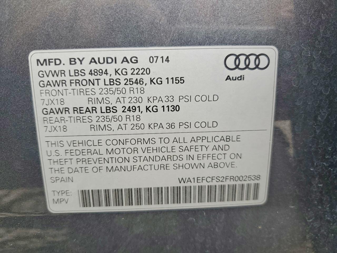 2015 Audi Q3 Premium Plus Gray vin: WA1EFCFS2FR002538