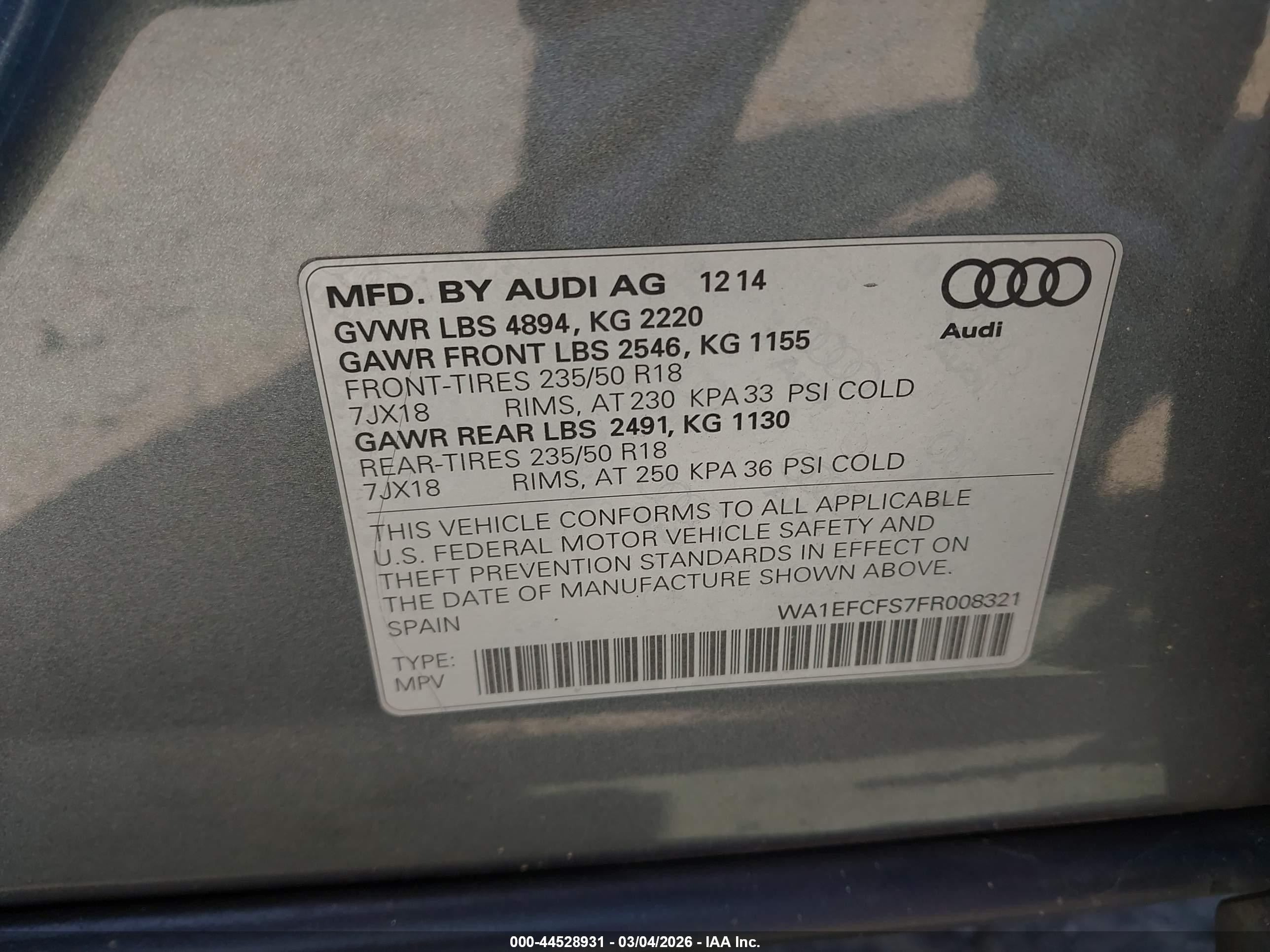 2015 Audi Q3 2.0t Premium Plus Gray vin: WA1EFCFS7FR008321