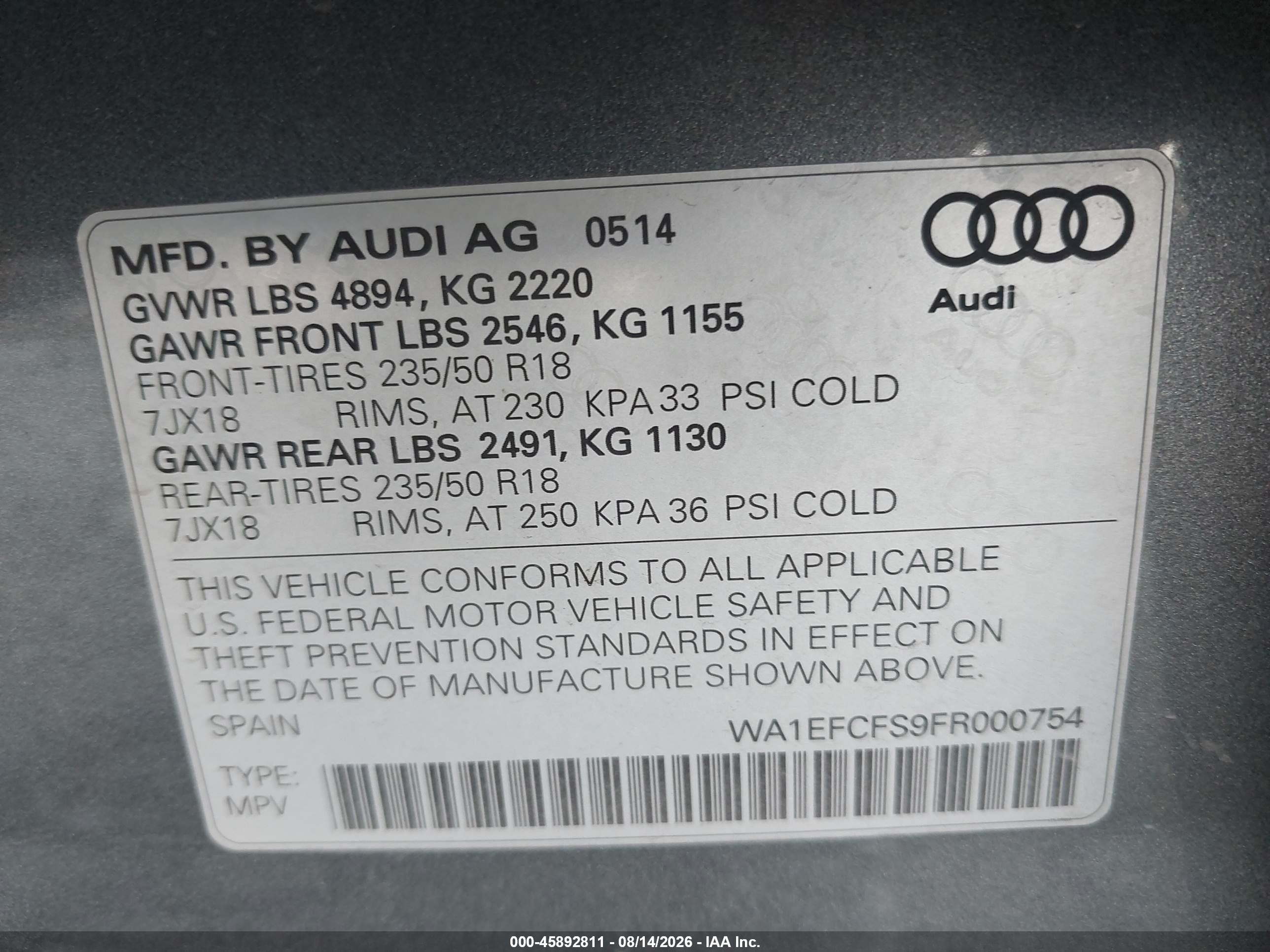 2015 Audi Q3 2.0t Premium Plus Серый vin: WA1EFCFS9FR000754