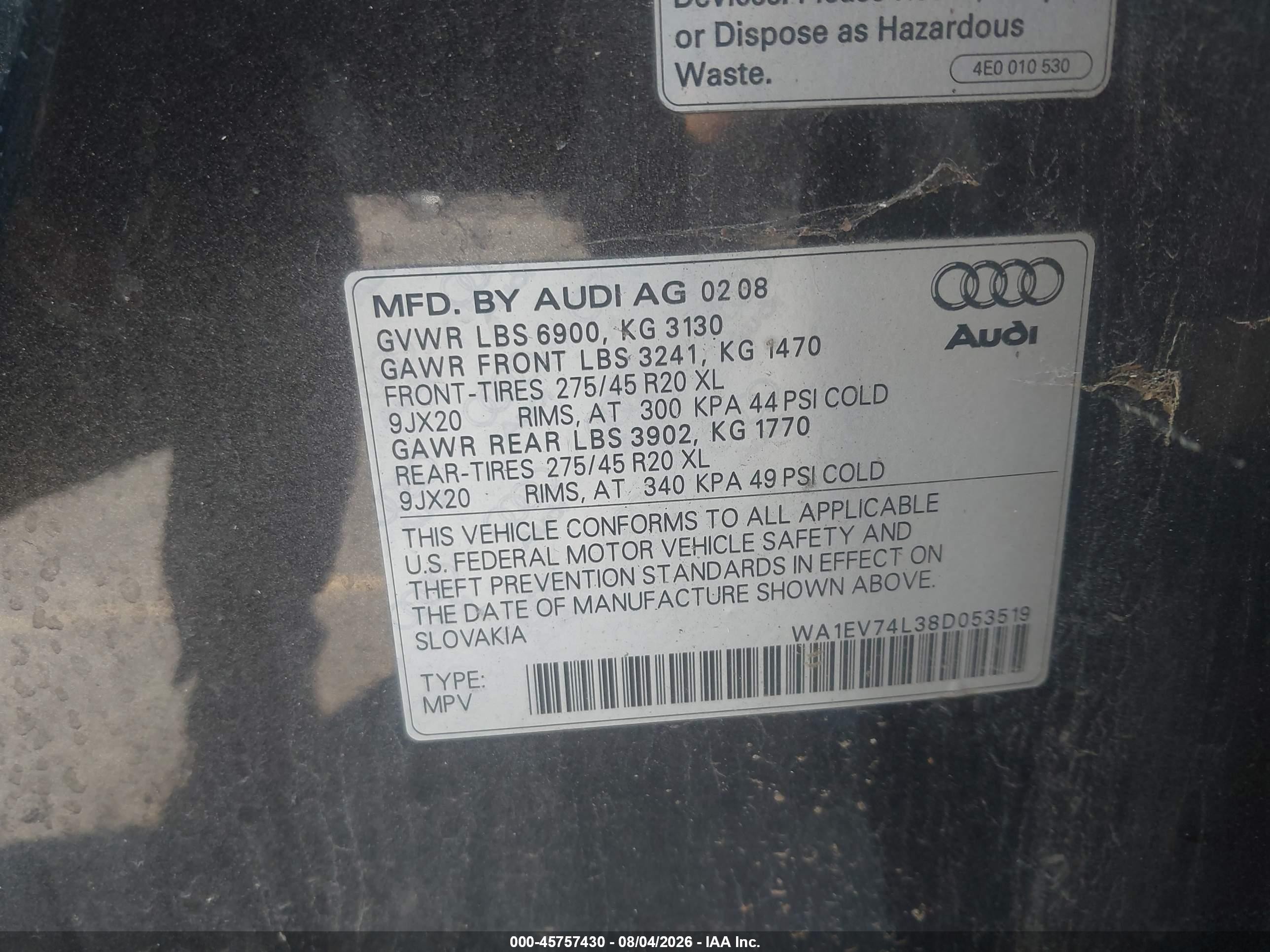 2008 Audi Q7 4.2 Premium Gray vin: WA1EV74L38D053519