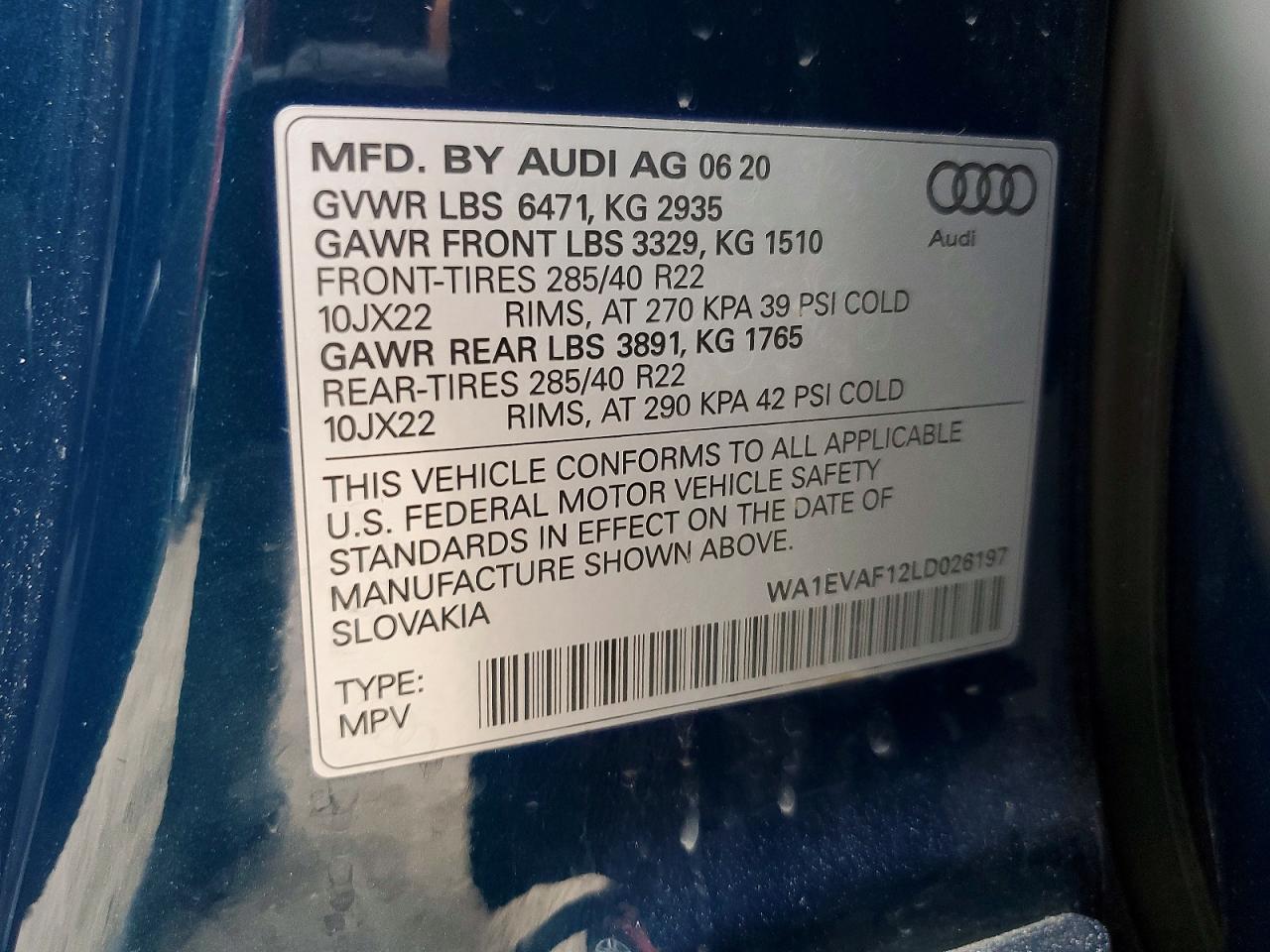 2020 Audi Q8 Premium Plus S-line Blue vin: WA1EVAF12LD026197