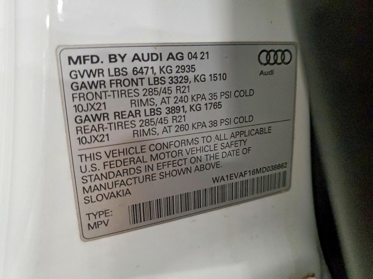 2021 Audi Q8 Premium Plus S-line White vin: WA1EVAF16MD038662