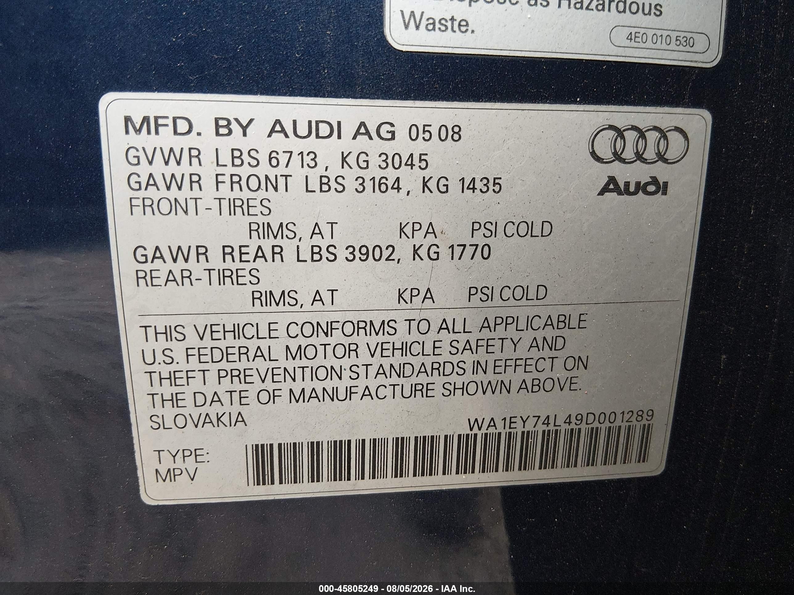 2009 Audi Q7 3.6 Premium Blue vin: WA1EY74L49D001289