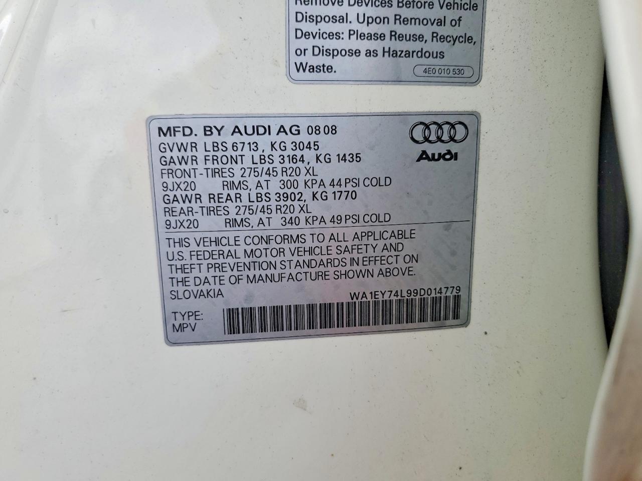 2009 Audi Q7 3.6 Quattro Premium S-line White vin: WA1EY74L99D014779