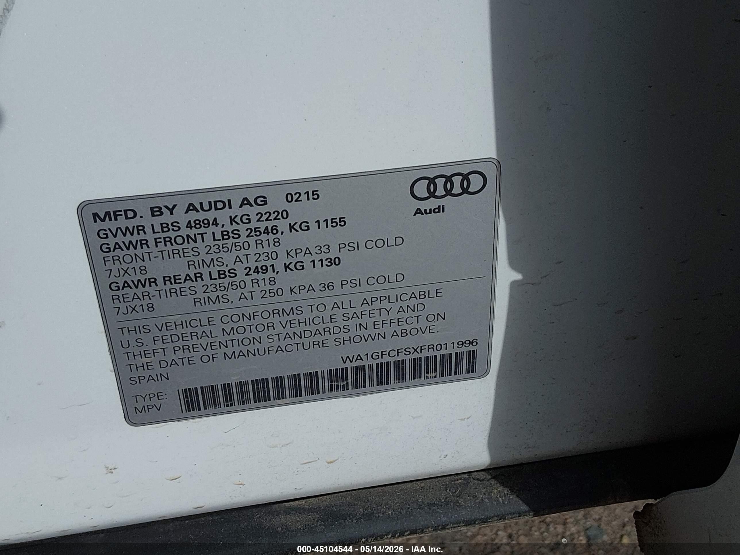 2015 Audi Q3 2.0t Premium Plus White vin: WA1GFCFSXFR011996