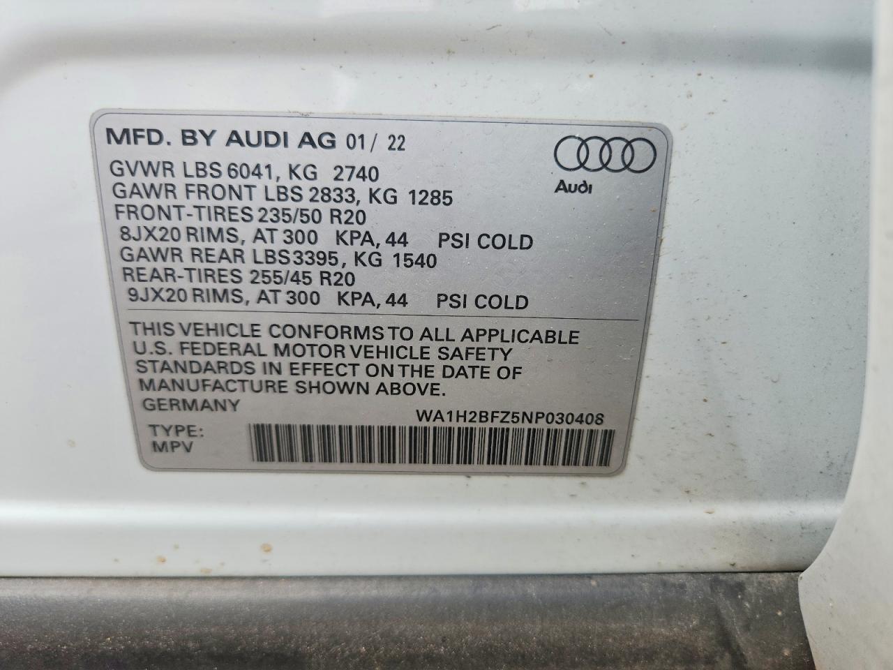 2022 Audi Q4 E-tron Premium Plus White vin: WA1H2BFZ5NP030408
