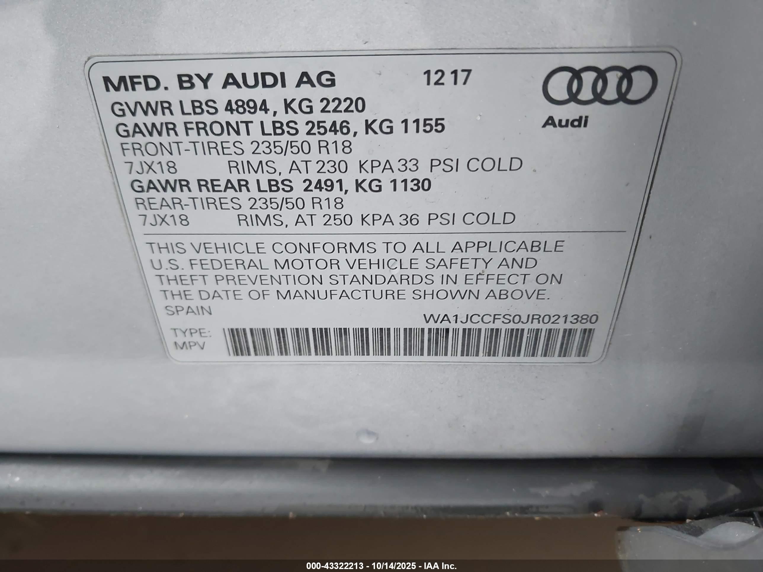 2018 Audi Q3 2.0t Premium/2.0t Sport Premium Silver vin: WA1JCCFS0JR021380