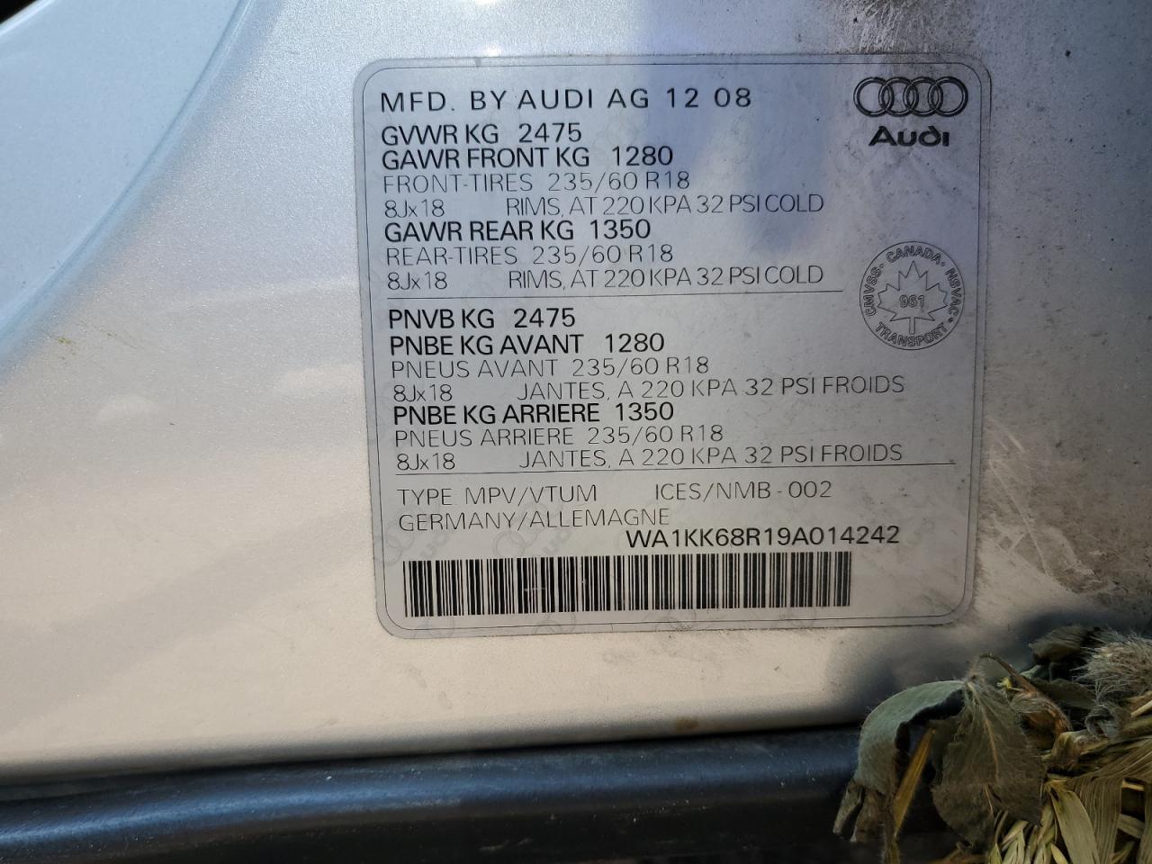 2009 Audi Q5 3.2 Черный vin: WA1KK68R19A014242