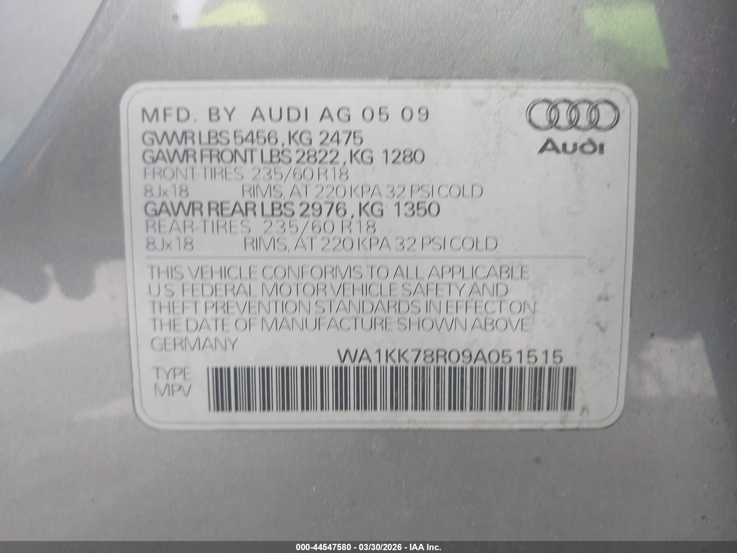 2009 Audi Q5 3.2 Premium Light Blue vin: WA1KK78R09A051515