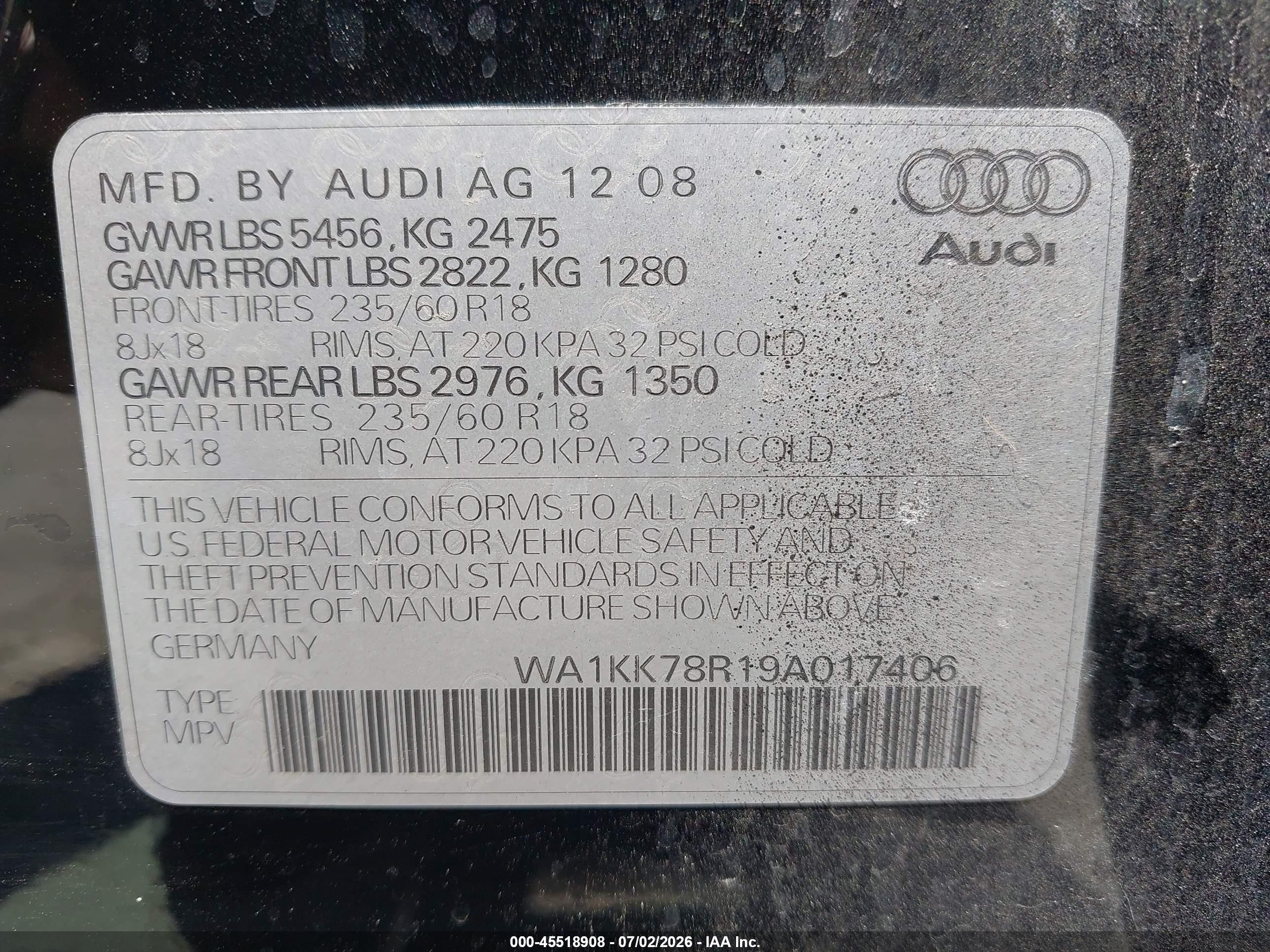 2009 Audi Q5 3.2 Premium Black vin: WA1KK78R19A017406