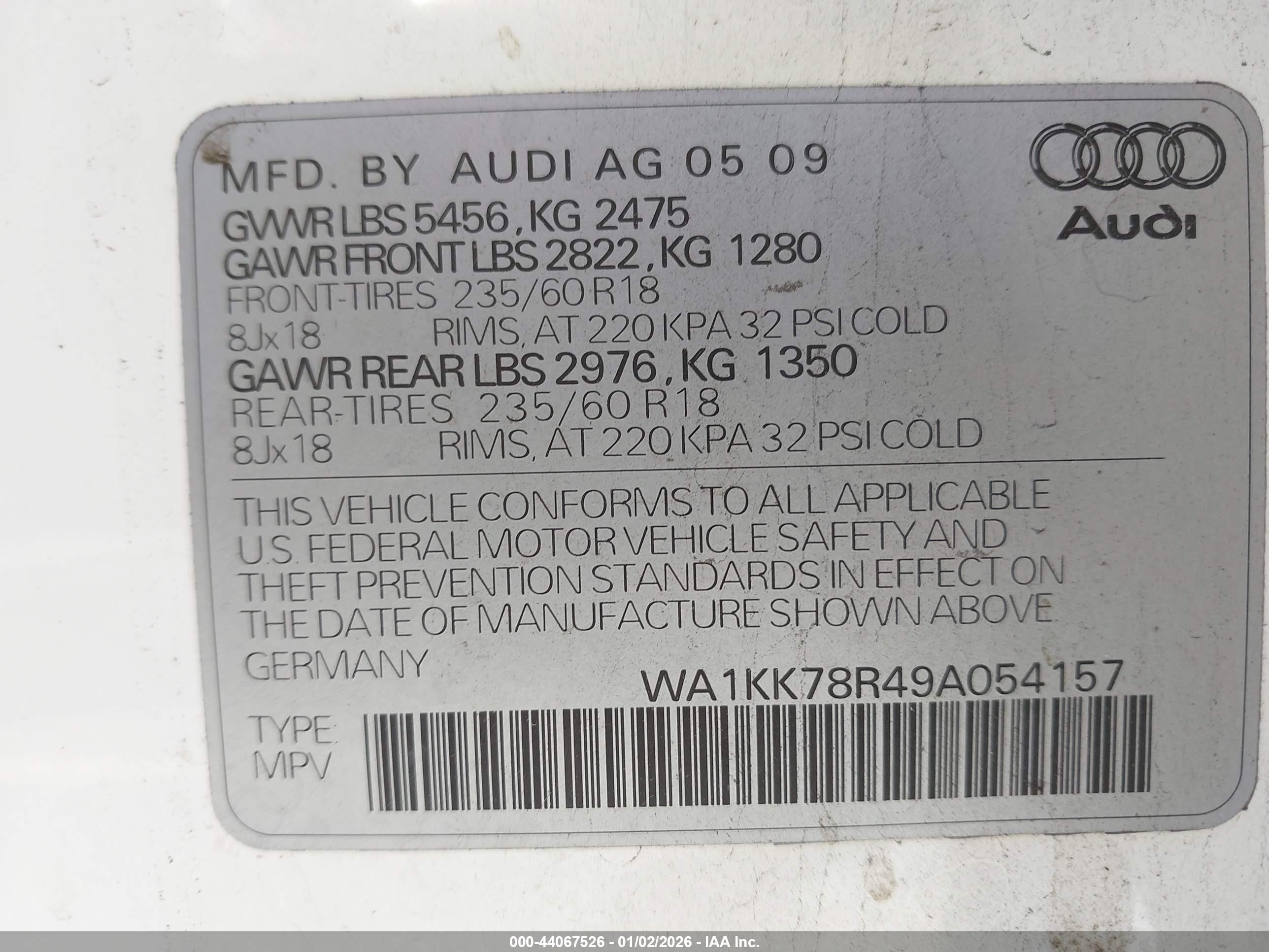2009 Audi Q5 3.2 Premium White vin: WA1KK78R49A054157