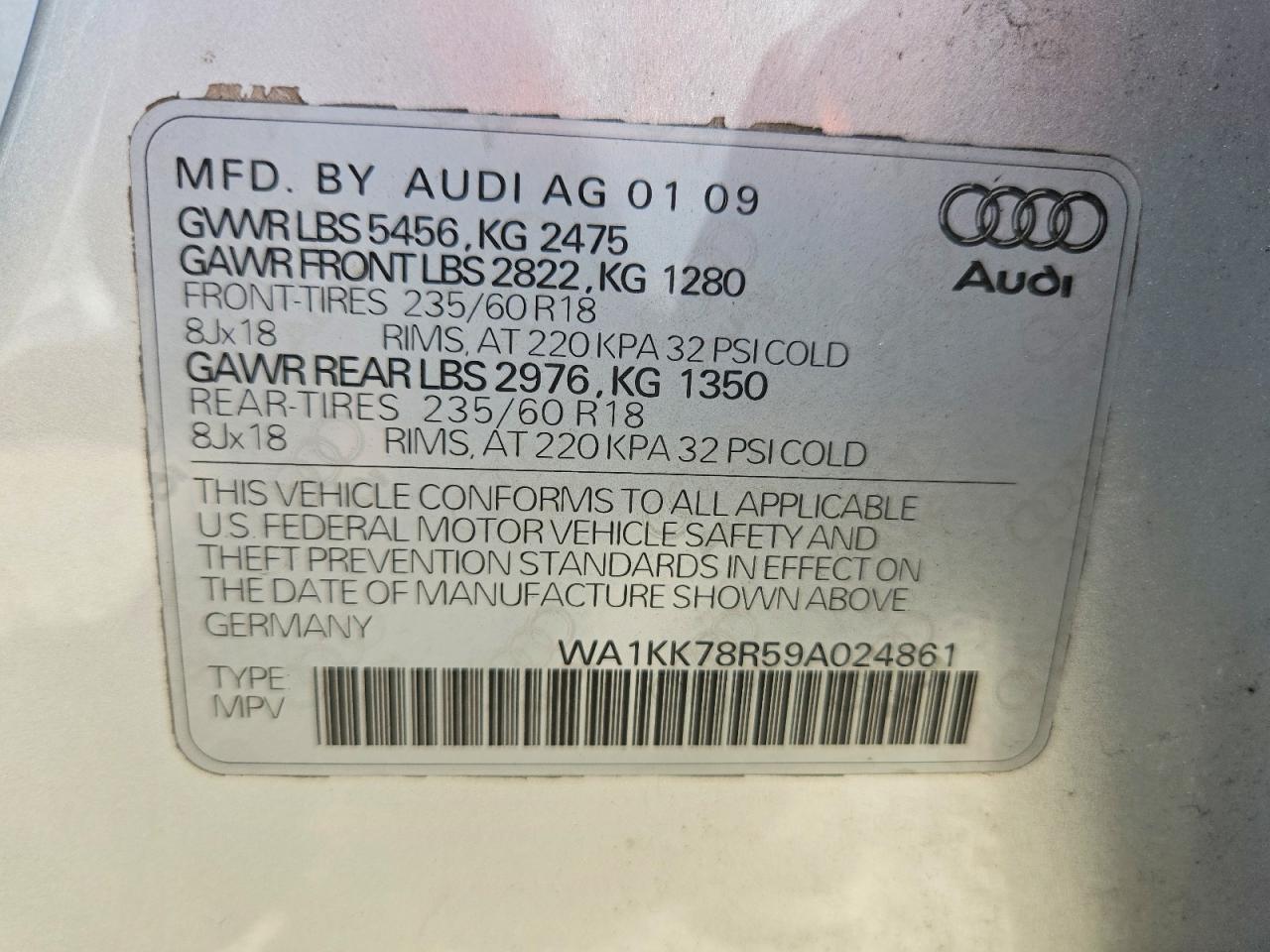 2009 Audi Q5 3.2 Silver vin: WA1KK78R59A024861