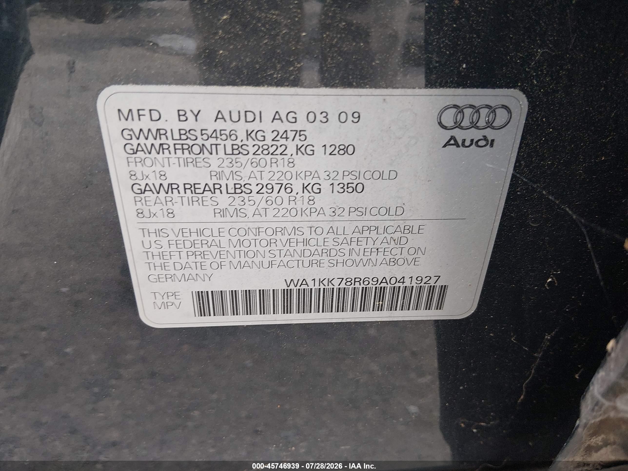 2009 Audi Q5 3.2 Premium Gray vin: WA1KK78R69A041927