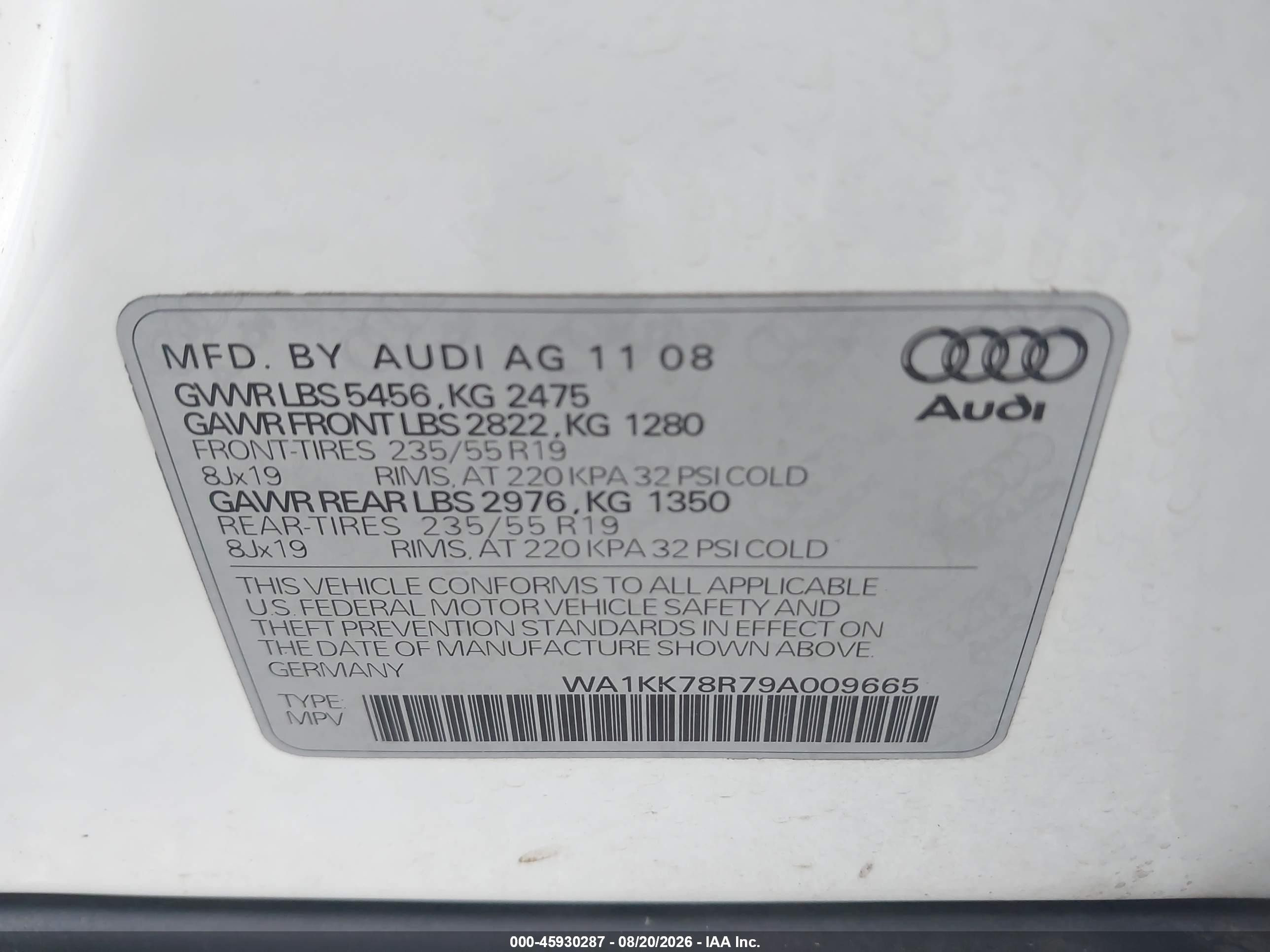 2009 Audi Q5 3.2 Premium White vin: WA1KK78R79A009665