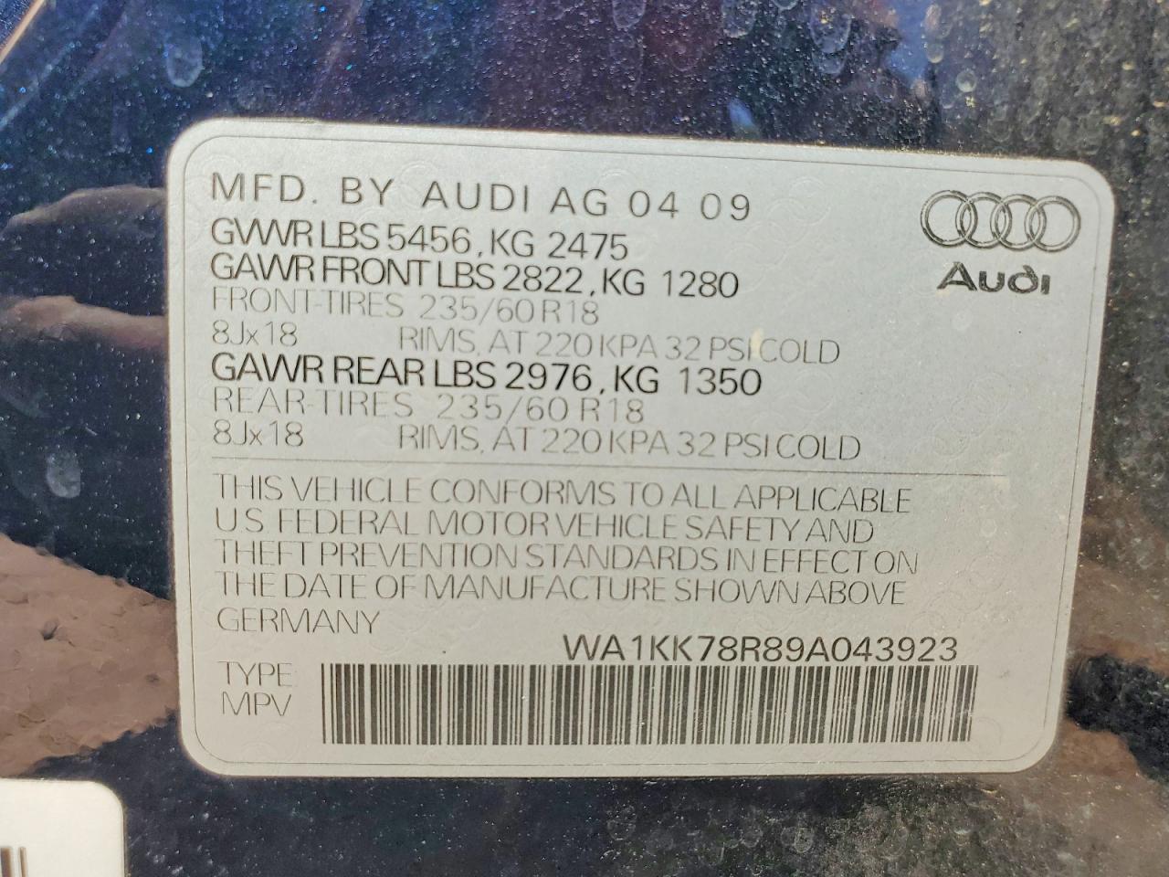 2009 Audi Q5 3.2 Blue vin: WA1KK78R89A043923