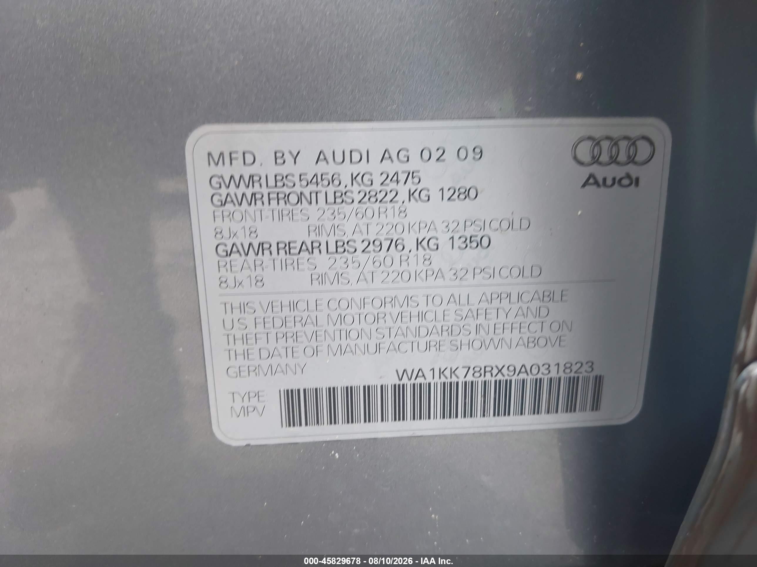 2009 Audi Q5 3.2 Premium Серебряный vin: WA1KK78RX9A031823