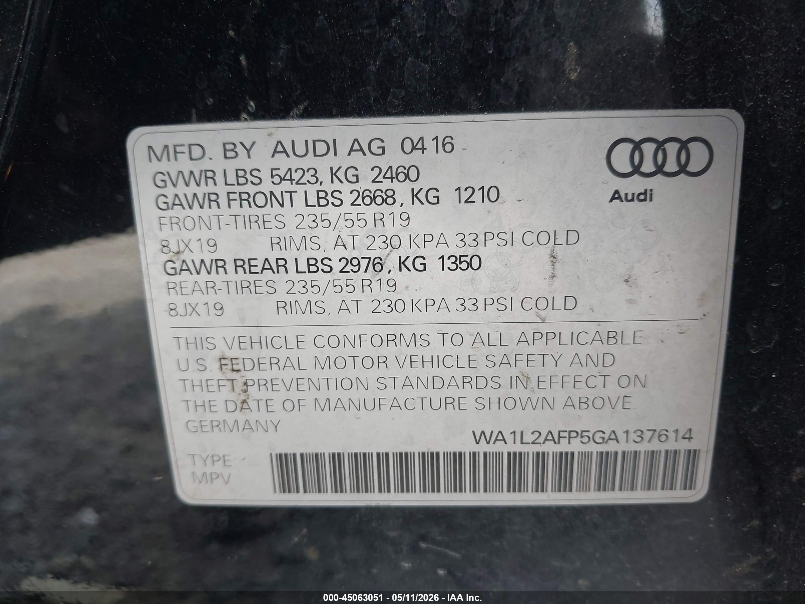 2016 Audi Q5 2.0t Premium Black vin: WA1L2AFP5GA137614