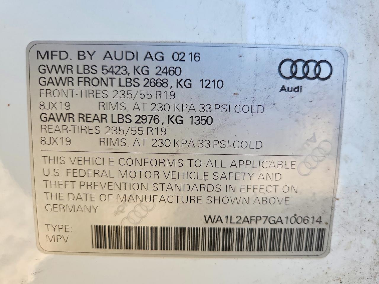 2016 Audi Q5 Premium Plus White vin: WA1L2AFP7GA100614
