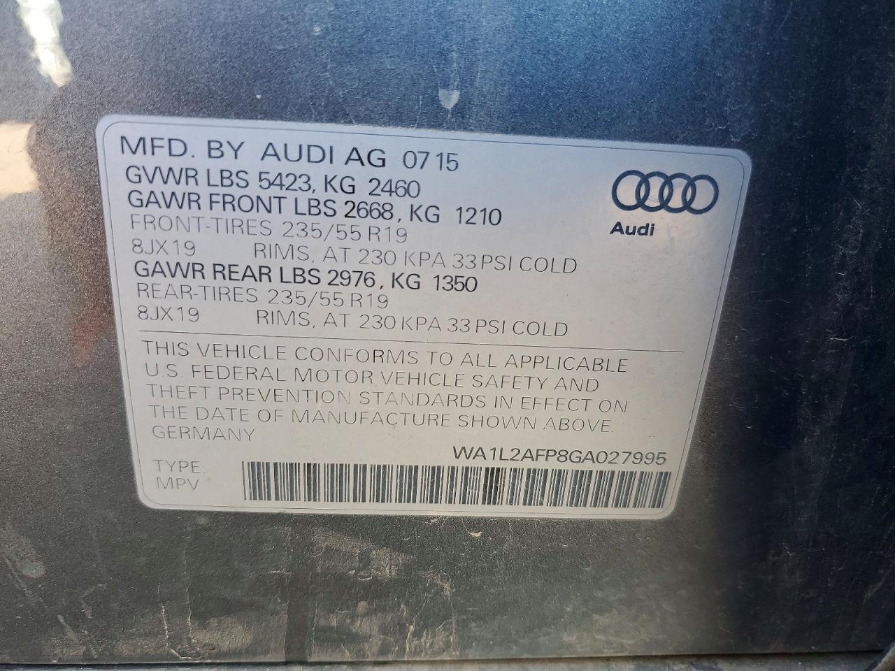 2016 Audi Q5 Premium Plus Gray vin: WA1L2AFP8GA027995