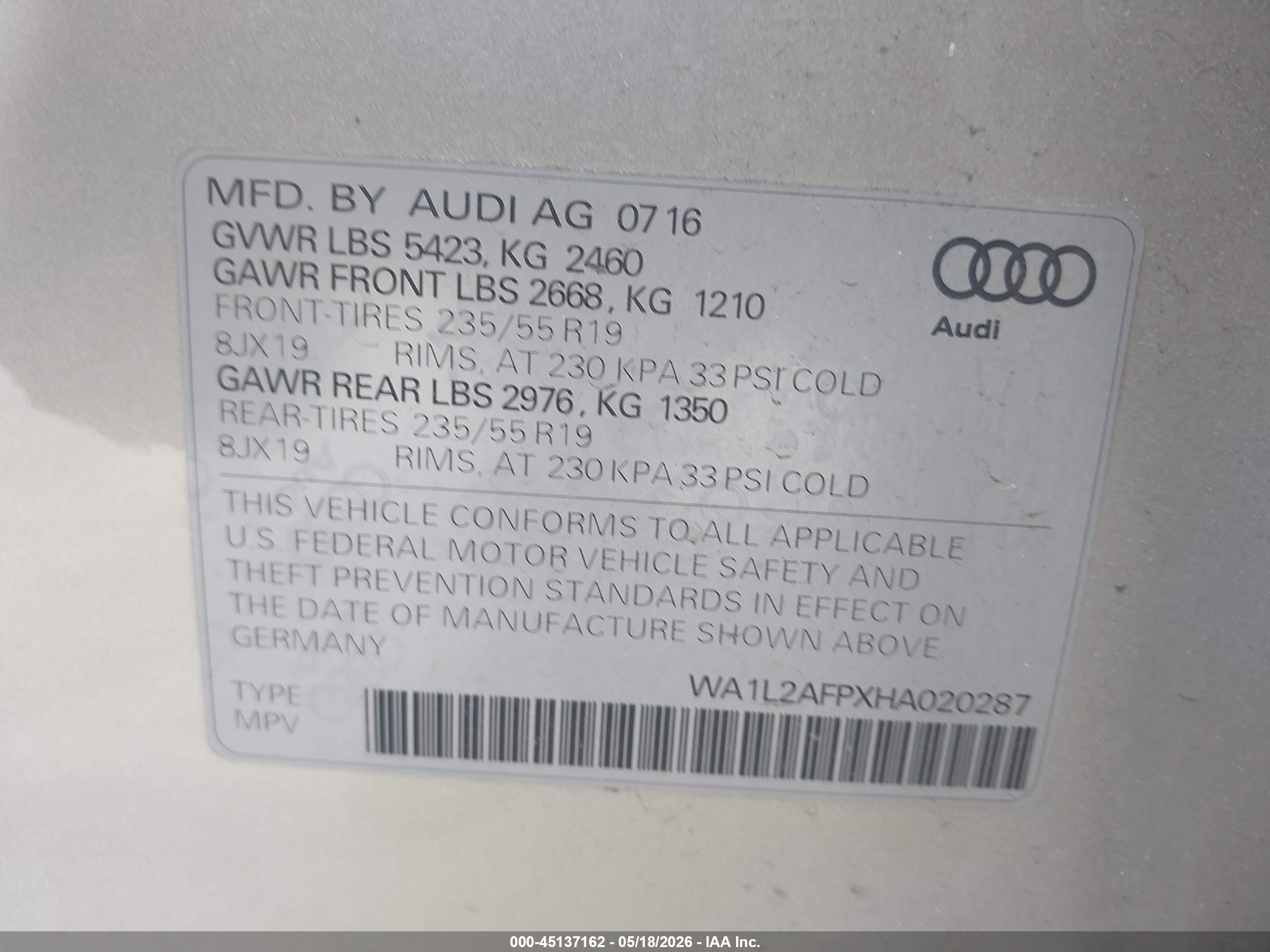 2017 Audi Q5 2.0t Premium Silver vin: WA1L2AFPXHA020287